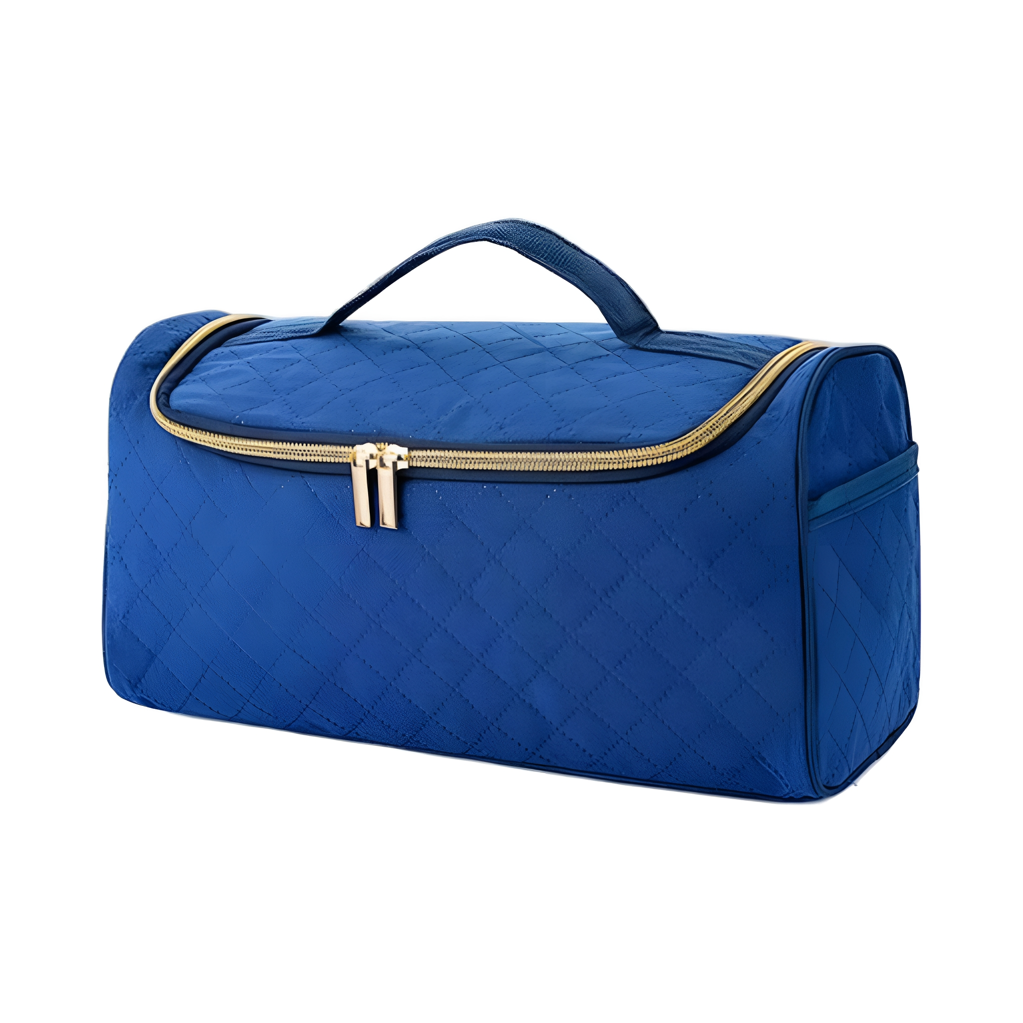 Blaue, gesteppte Reisetasche mit goldenem Reißverschluss und Griff. Rechteckige Form.