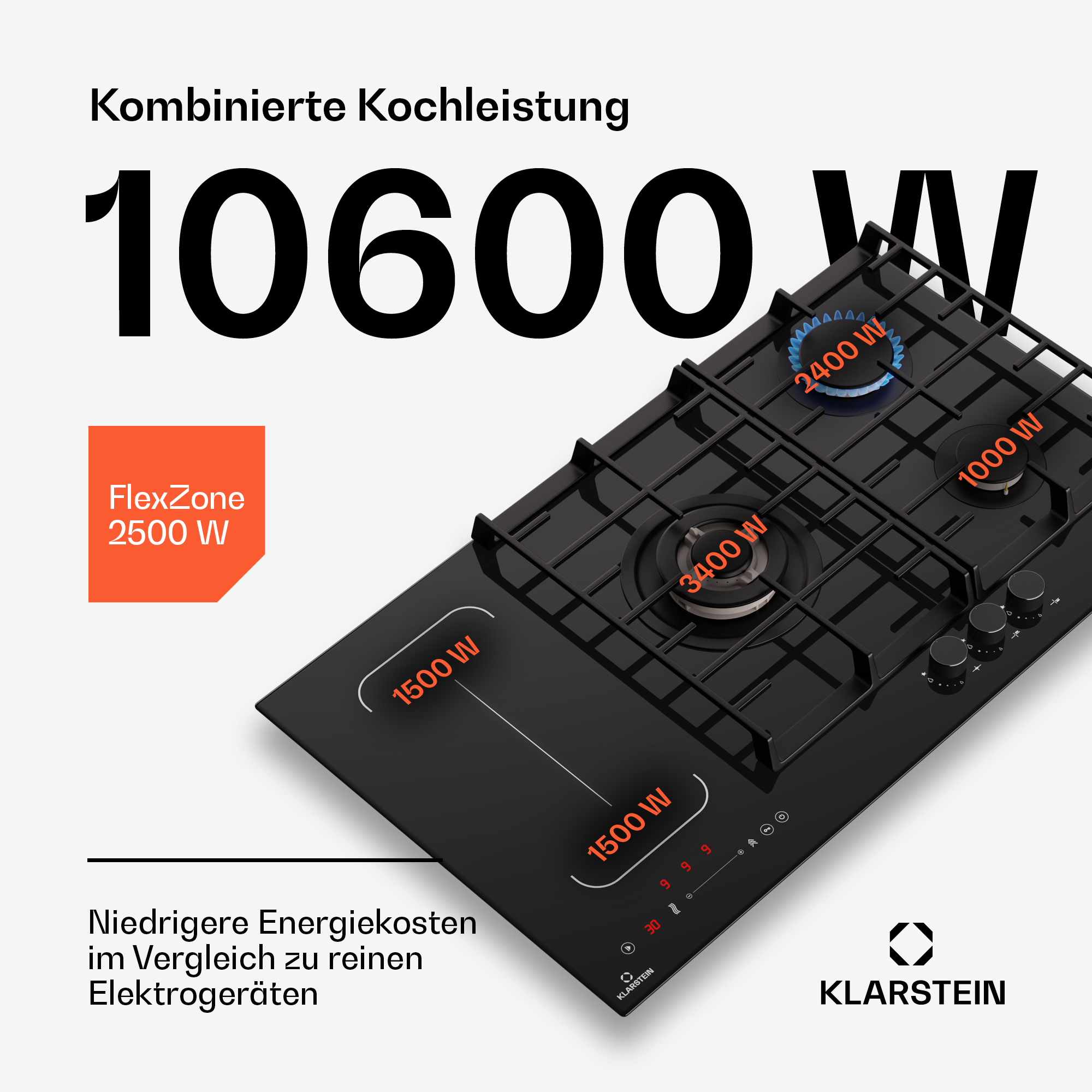 Schwarzes Kochfeld mit Brennern und Text. Zeigt FlexZone und Leistungsstufen, schwarzer Hintergrund.