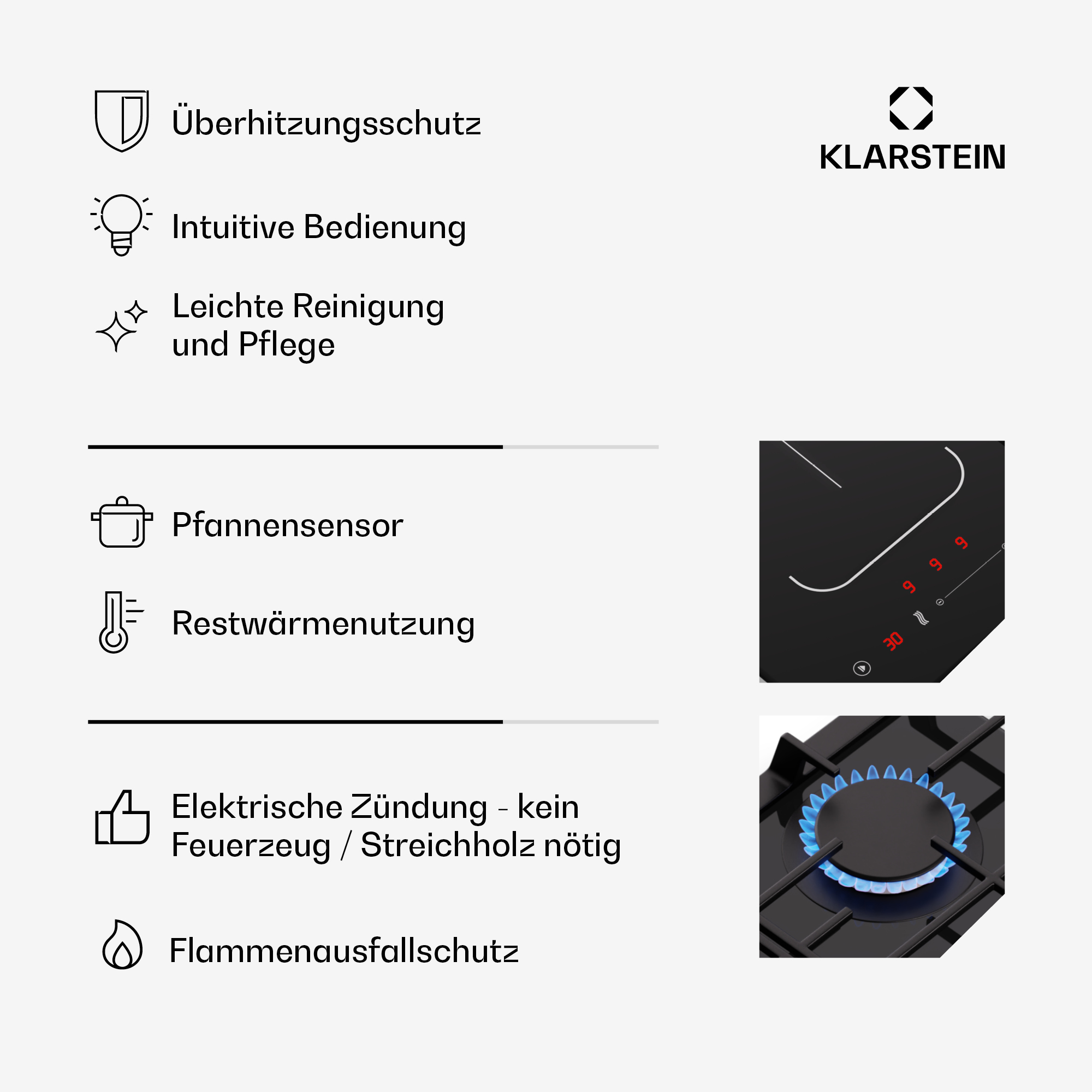 Ein Diagramm eines schwarzen Induktionskochfelds mit Touch-Bedienelementen und blauer Flamme auf dem Herd.
