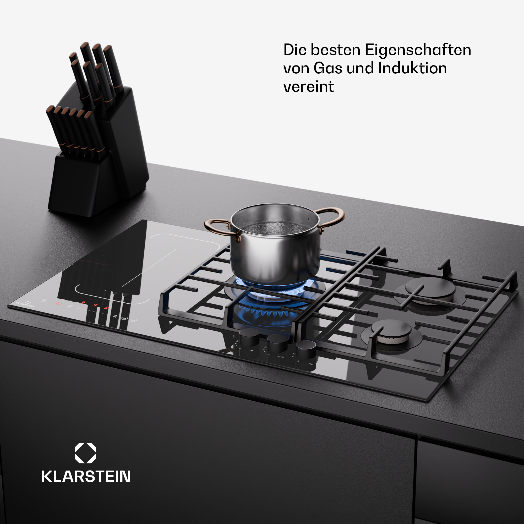 Küche mit Herd, Topf und Messerset.