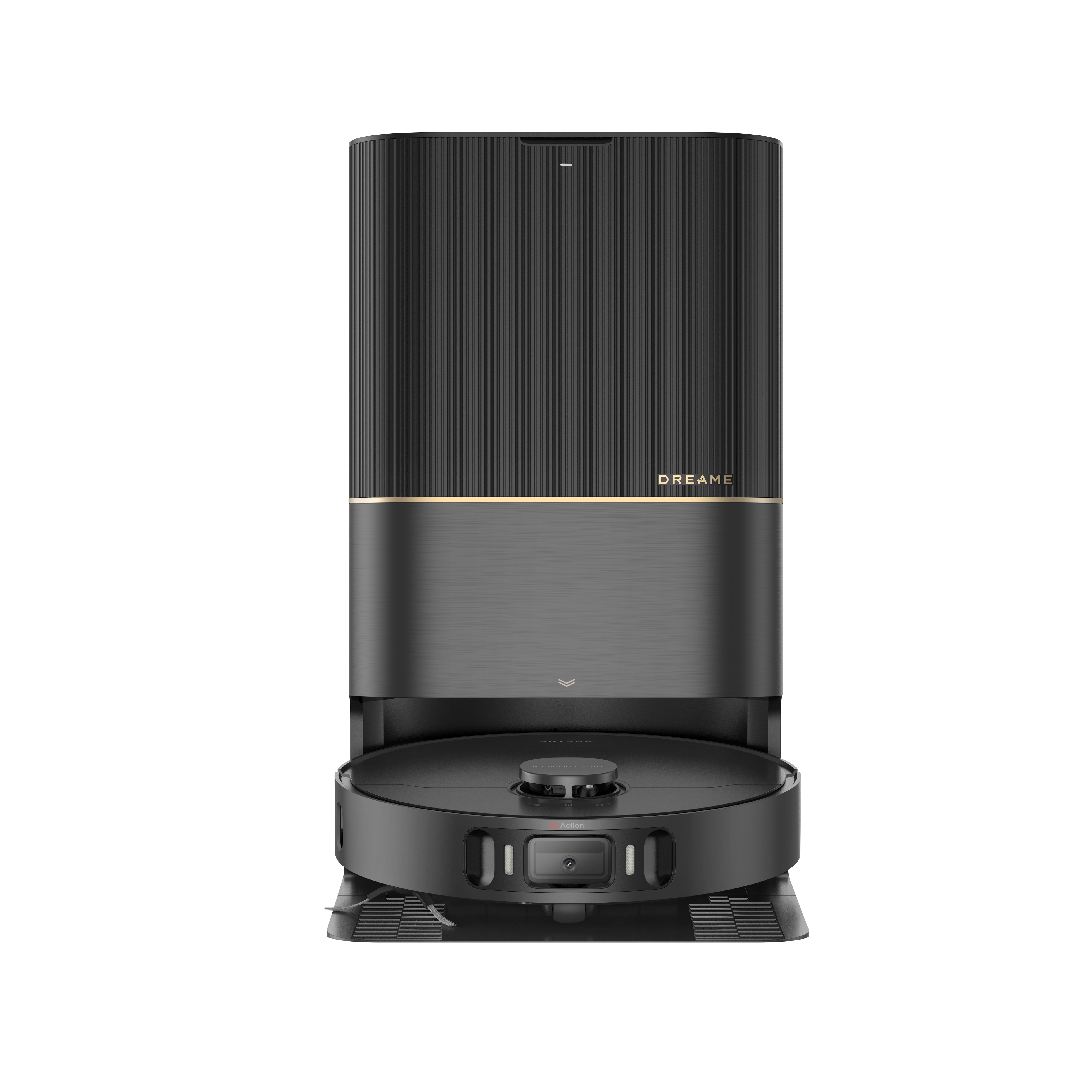 Czarno-szary odkurzacz robot z okrągłą podstawą i pionowym korpusem. Posiada logo DREAME.