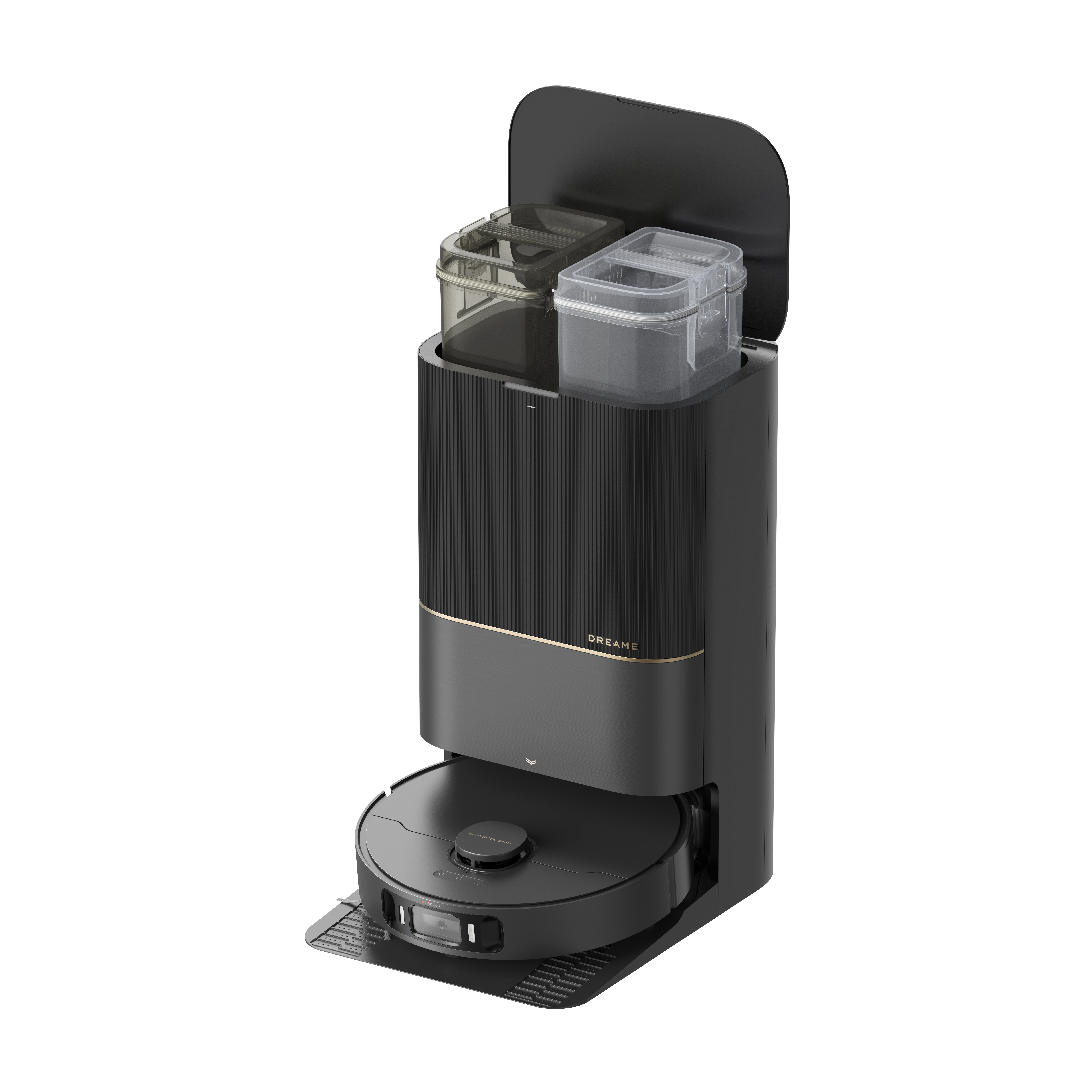 Czarny i ciemnoszary odkurzacz automatyczny i stacja samooczyszczająca. Dwa pojemniki na górze.