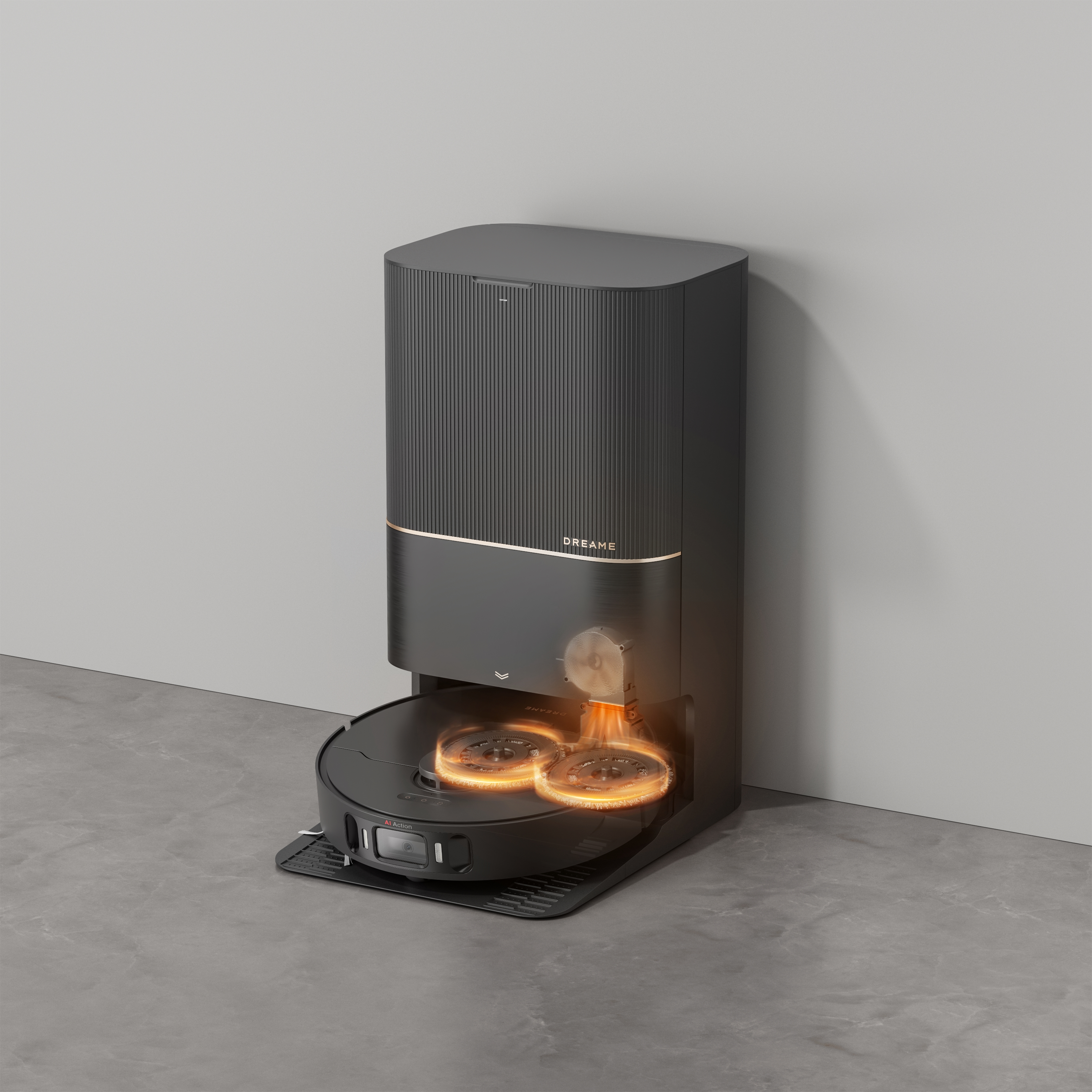 Czarny i szary robot odkurzający z stacją ładującą na szarej podłodze, szara ściana.