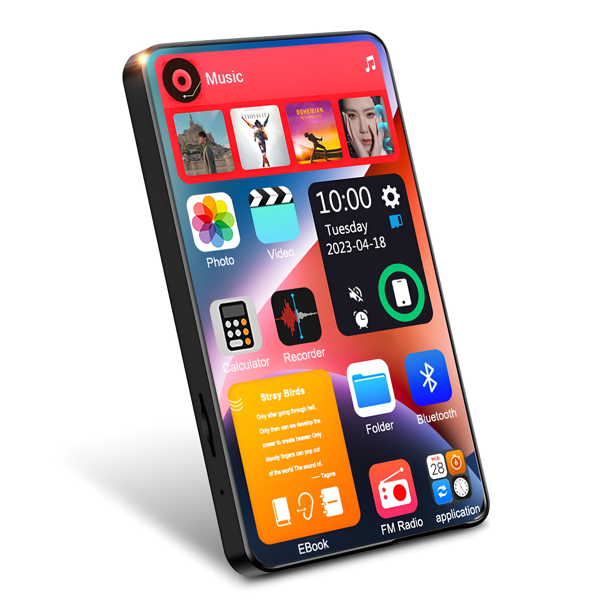 Ein schwarzes Smartphone mit farbenfrohem Display, das App-Symbole und eine Datums-/Zeitanzeige zeigt.
