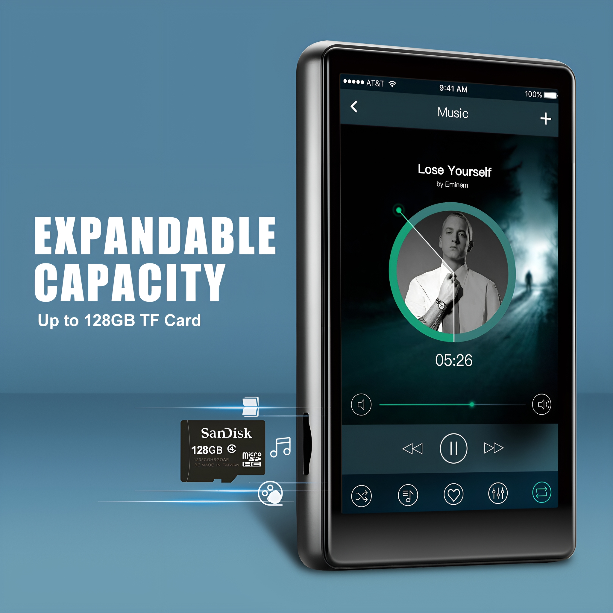 Schwarzer tragbarer Musikplayer mit Bildschirm. Text: Erweiterbare Kapazität, bis zu 128 GB TF-Karte.