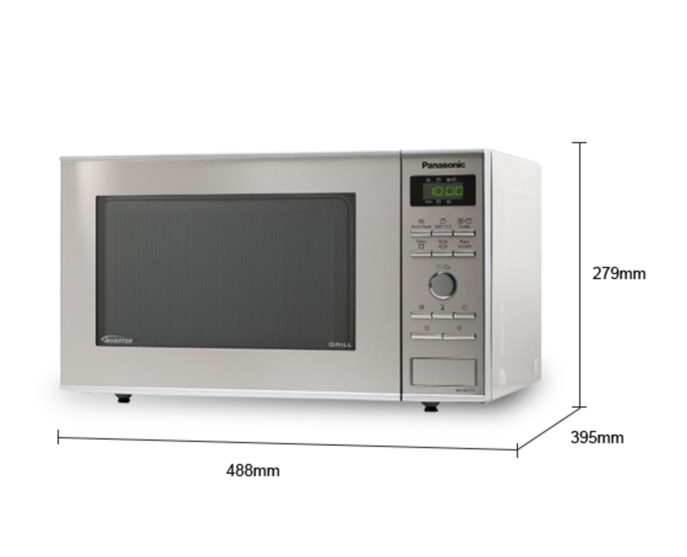 Silberner Mikrowellenherd mit Digitalanzeige und Abmessungen in mm vor weißem Hintergrund.