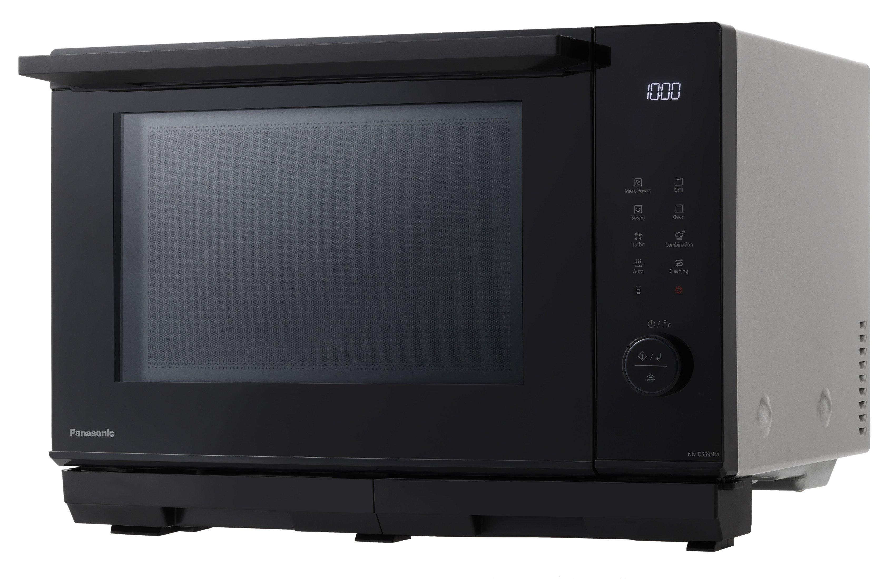 Forno a microonde nero con display, pulsanti e porta. Logo Panasonic visibile.