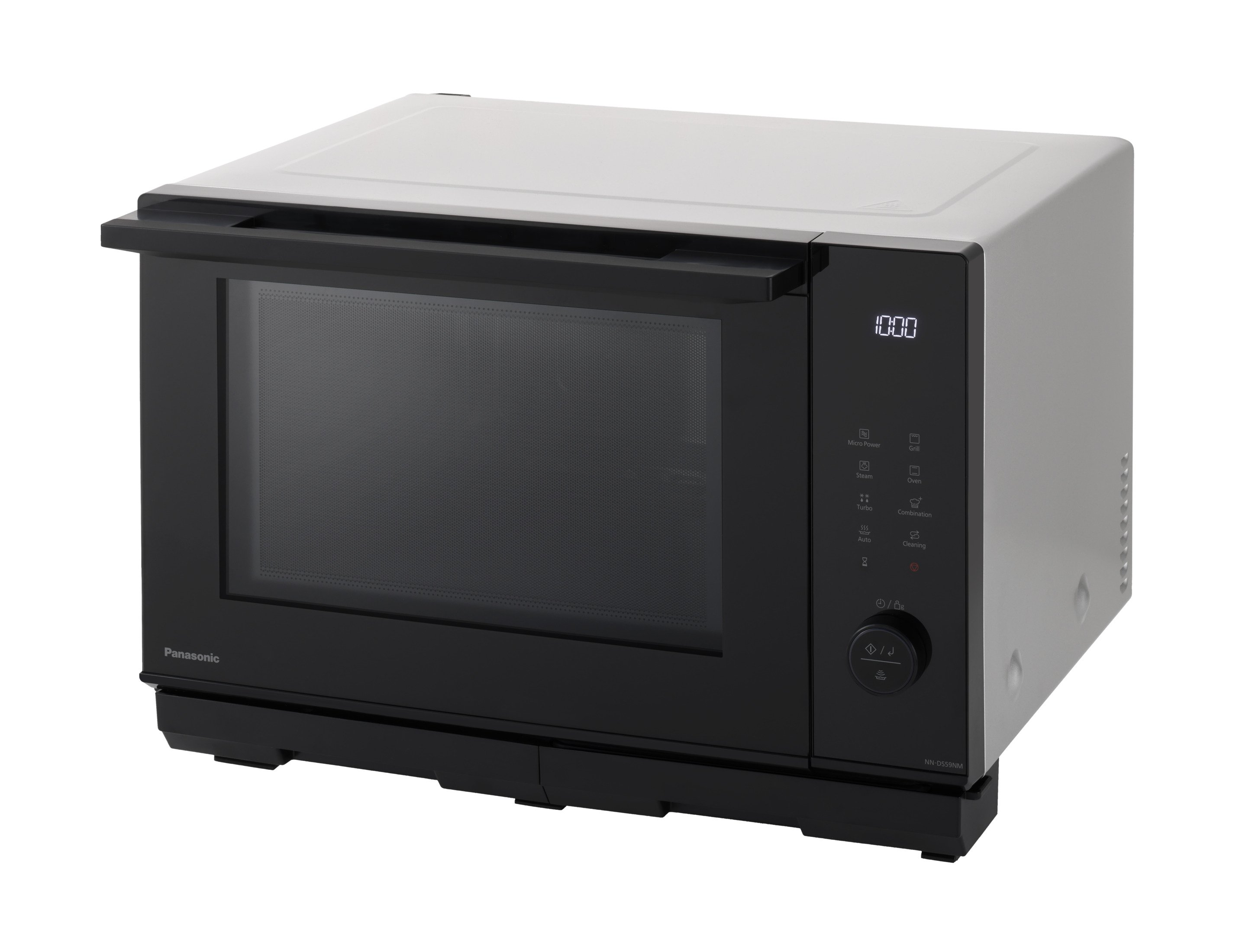 Forno a microonde nero e grigio con display digitale, isolato su sfondo bianco.