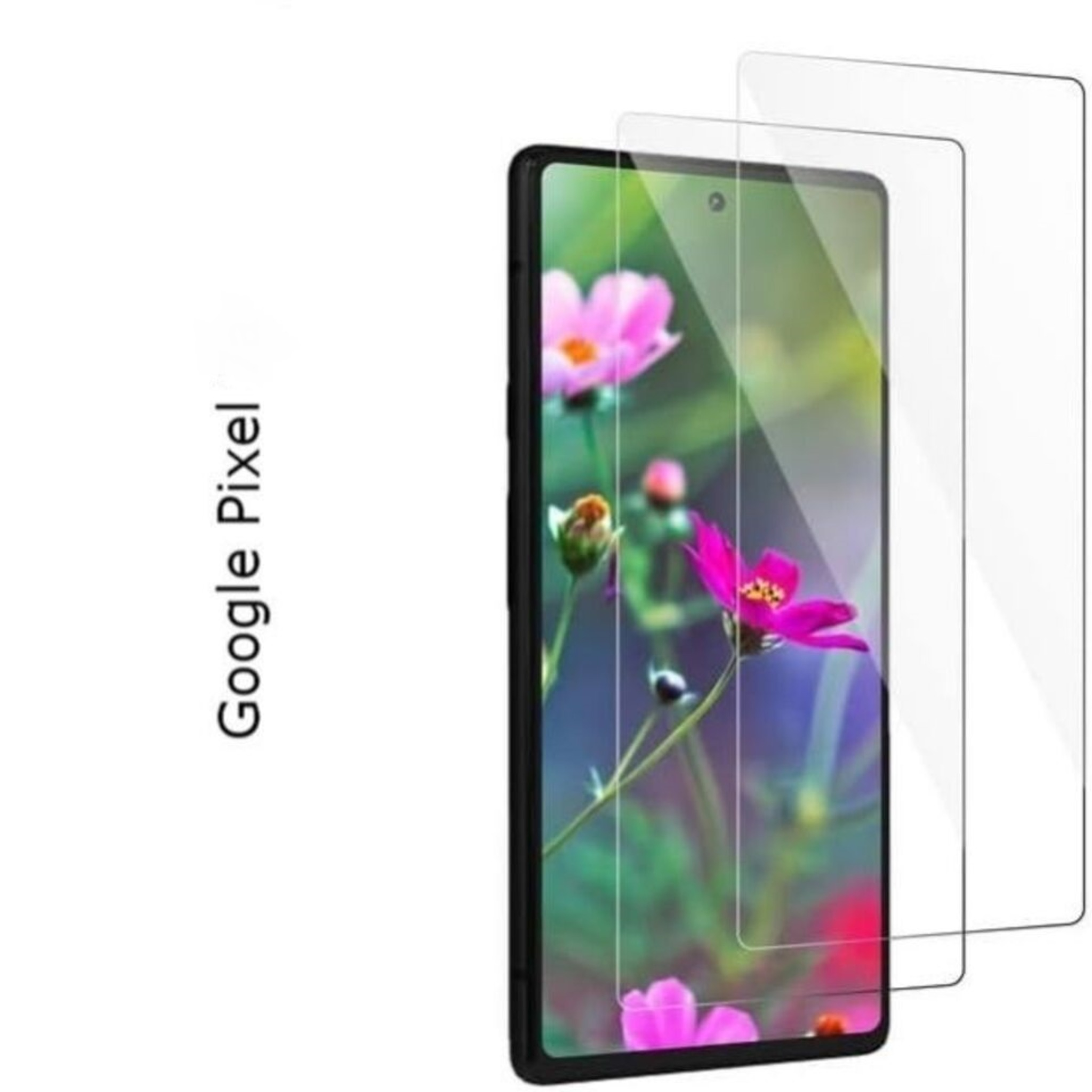Google Pixel-Telefon mit Displayschutz. Das Telefon zeigt rosa Blumen. Zwei Displayschutzfolien.