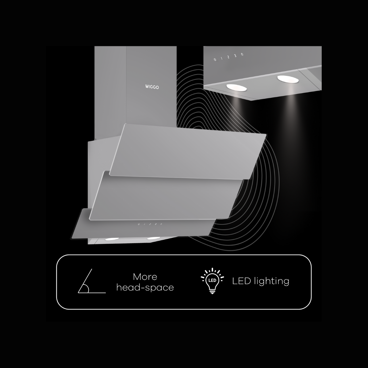 Een grijze afzuigkap met LED-verlichting. Meer tekst over hoofdruimte.