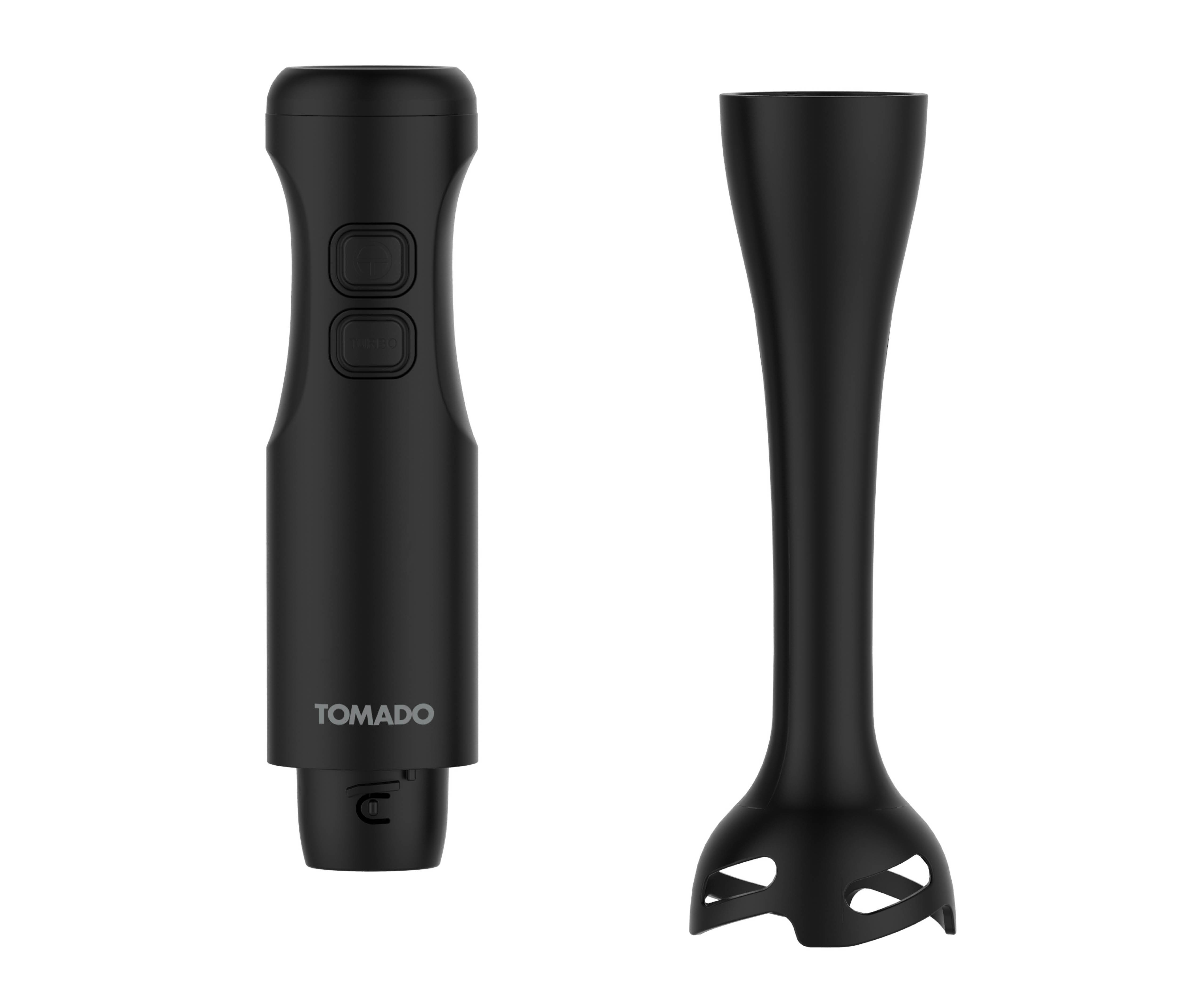 Zwarte staafmixer met twee delen. De mixer heeft knoppen en de merknaam TOMADO.