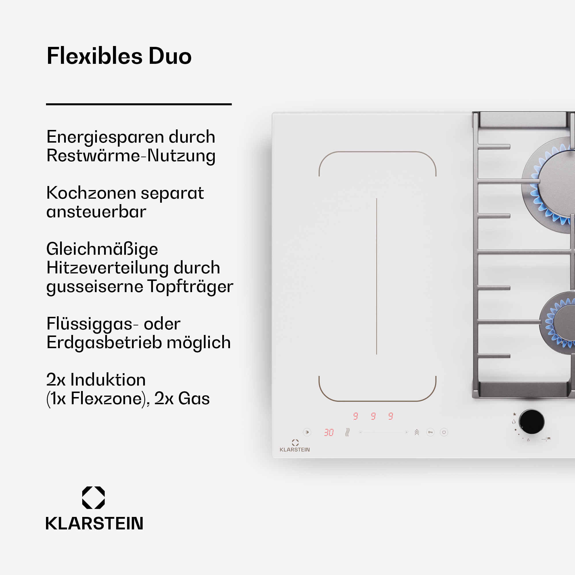 Ein weißes Kochfeld mit Gasbrennern rechts und einer Induktionszone links.