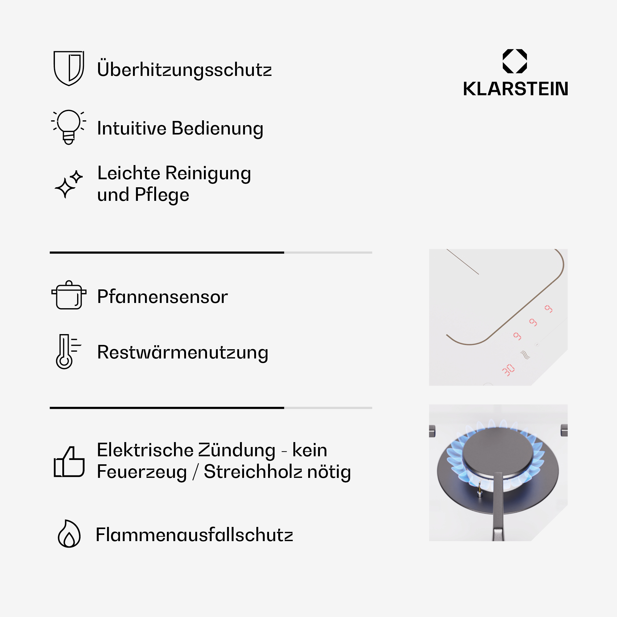 Weißes Kochfeld mit Symbolen und blauer Flamme. Klarstein-Logo oben rechts.
