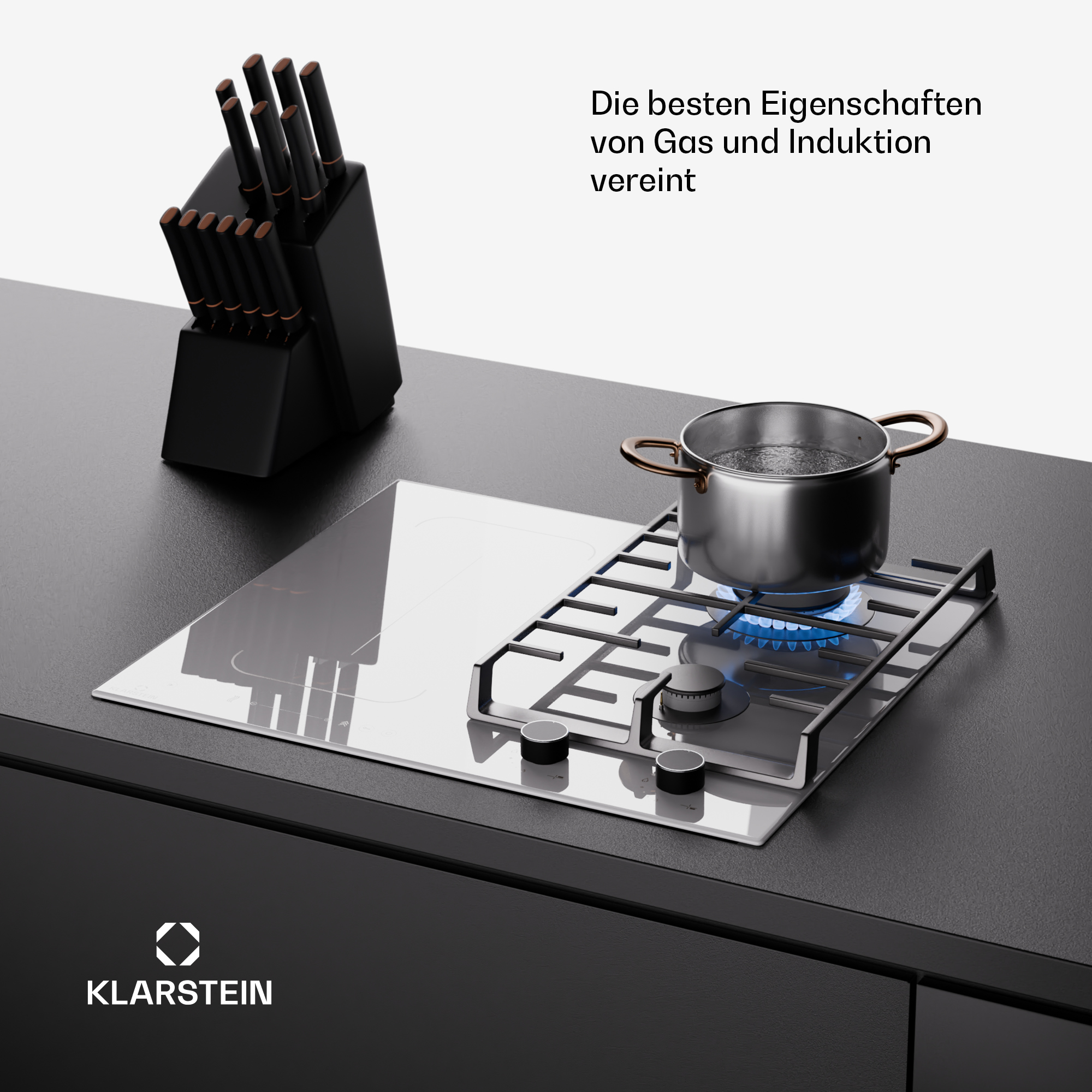 Ein Kochfeld mit einem Topf mit kochendem Wasser und einem Messerblock.