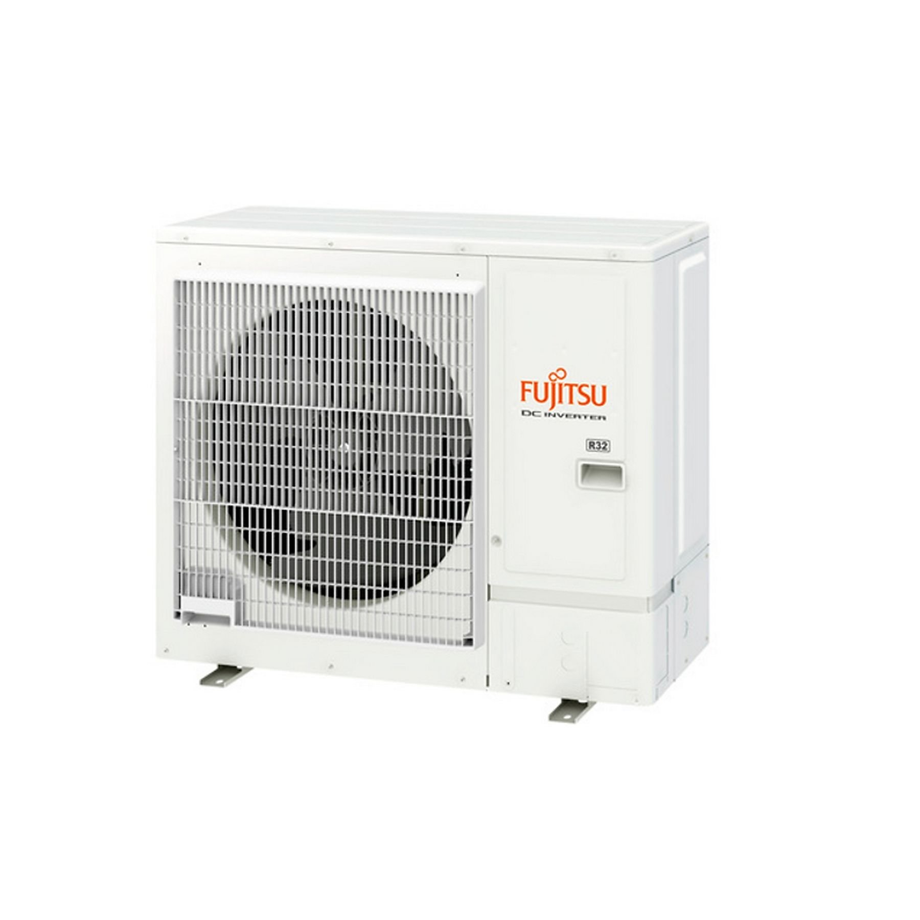 Unidad de aire acondicionado Fujitsu blanca, mostrando la parte frontal y lateral. Tiene un diseño de rejilla y una etiqueta.