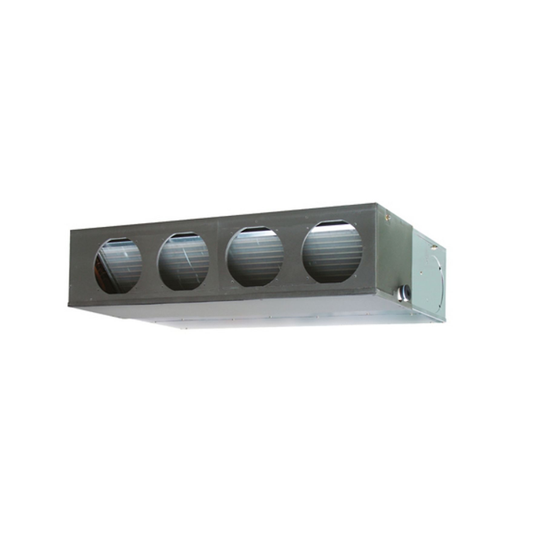 Sistema de ventilación rectangular con cuatro aberturas circulares, color gris plateado.