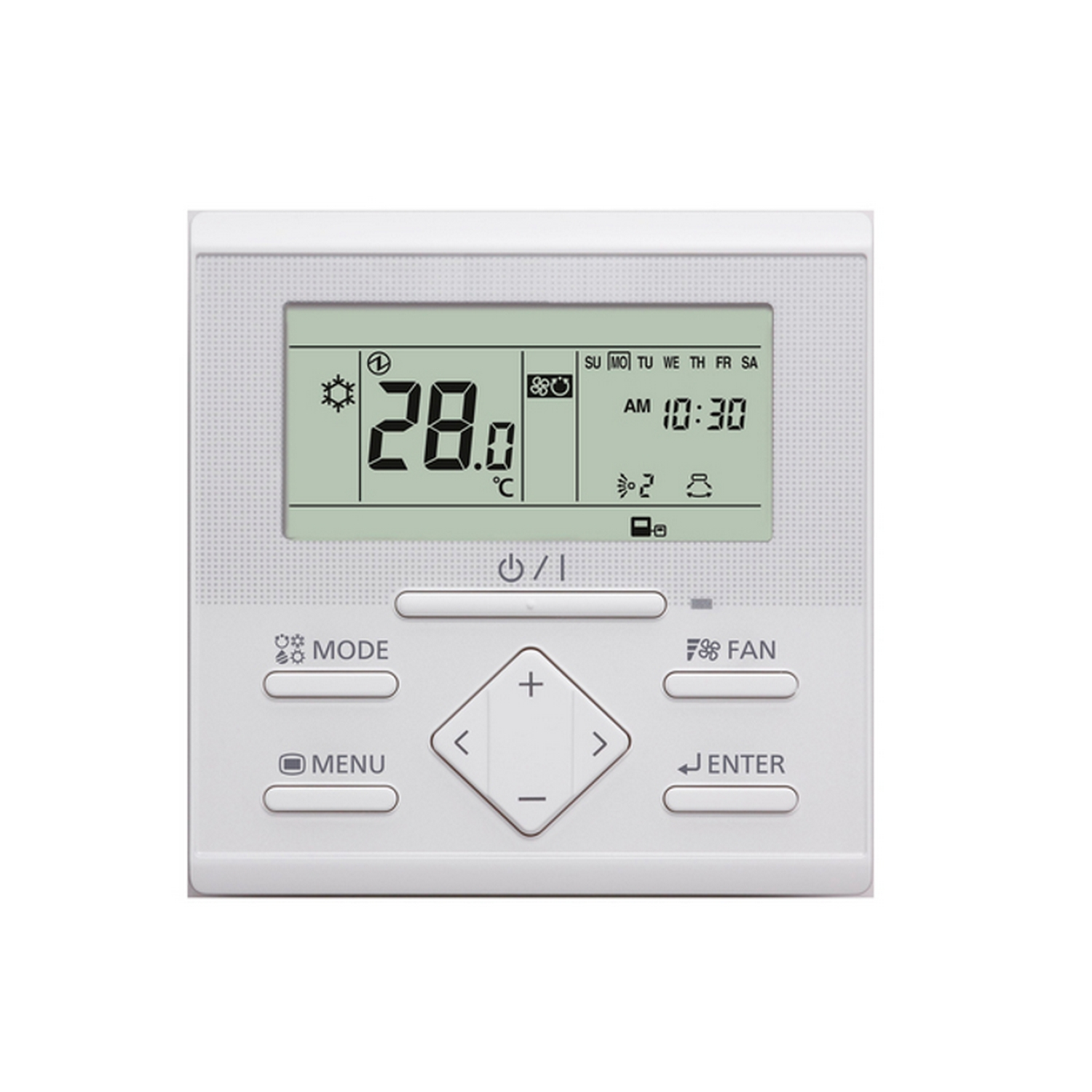 Termostato blanco con pantalla digital que muestra la temperatura y la hora, y botones de control.