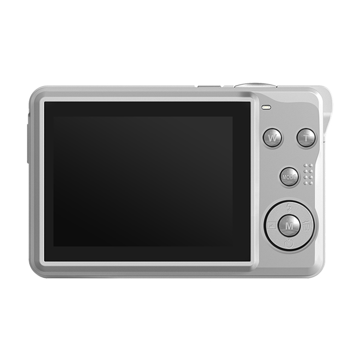 Silberne Digitalkamera mit schwarzem Bildschirm und Knöpfen.