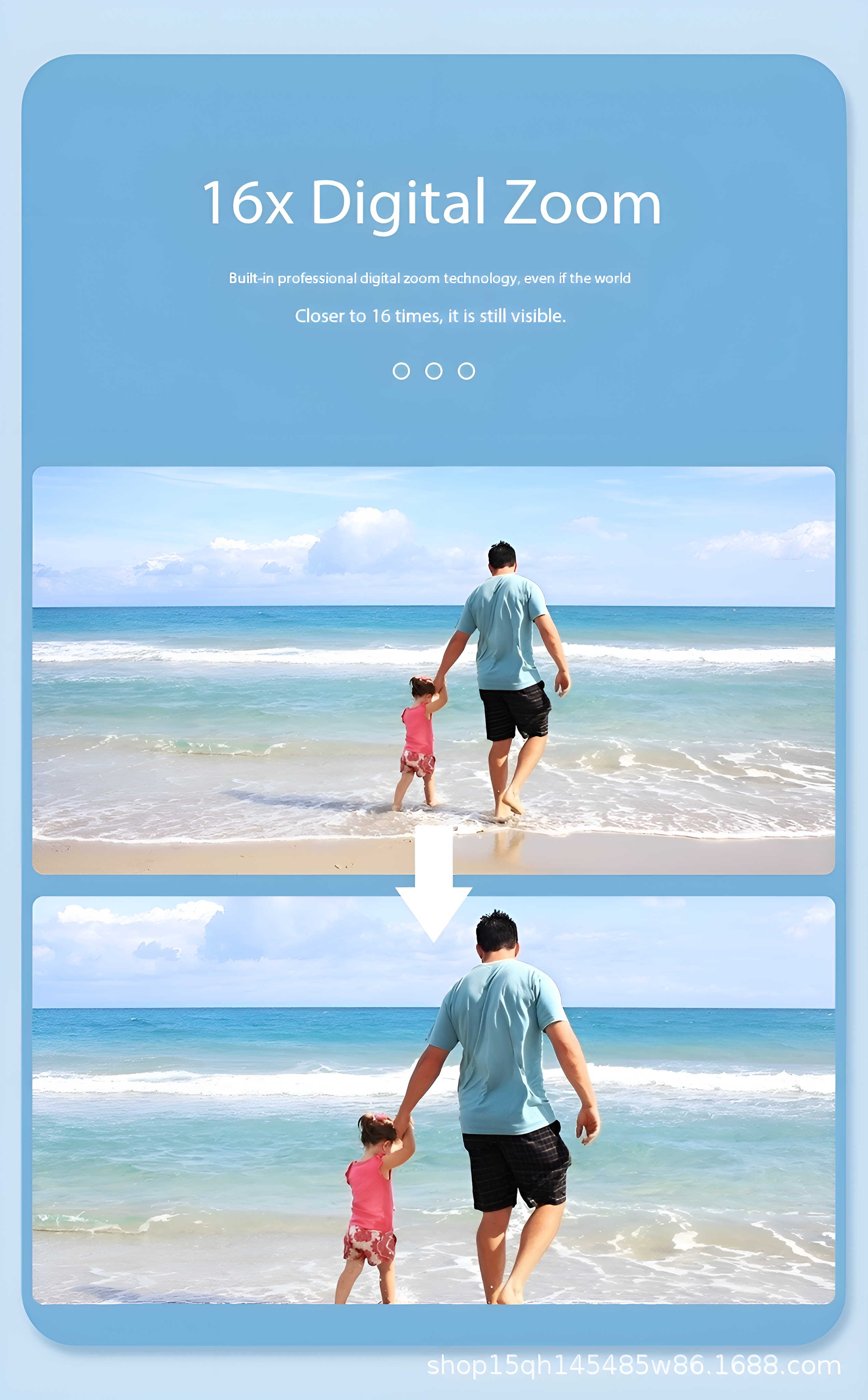 Vater und Tochter gehen am Strand spazieren. Das Bild zeigt eine Zoomfunktion mit dem Text '16x Digital Zoom'.