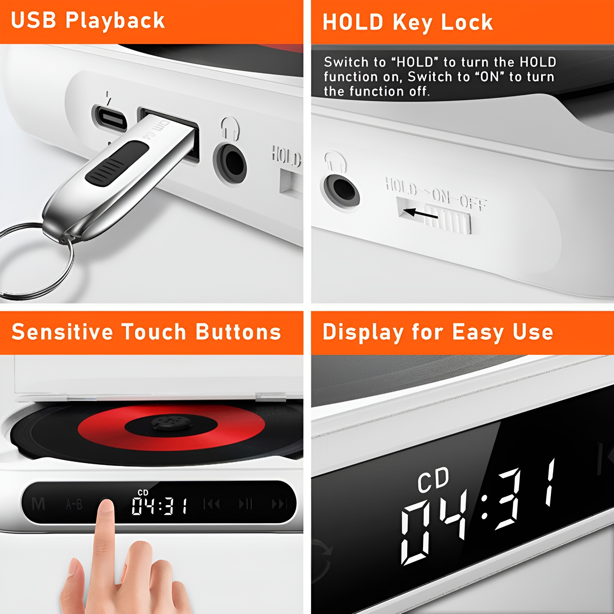 Vier Bilder zeigen einen Player, einen USB-Anschluss, eine Halte-Tastensperre und ein Display.