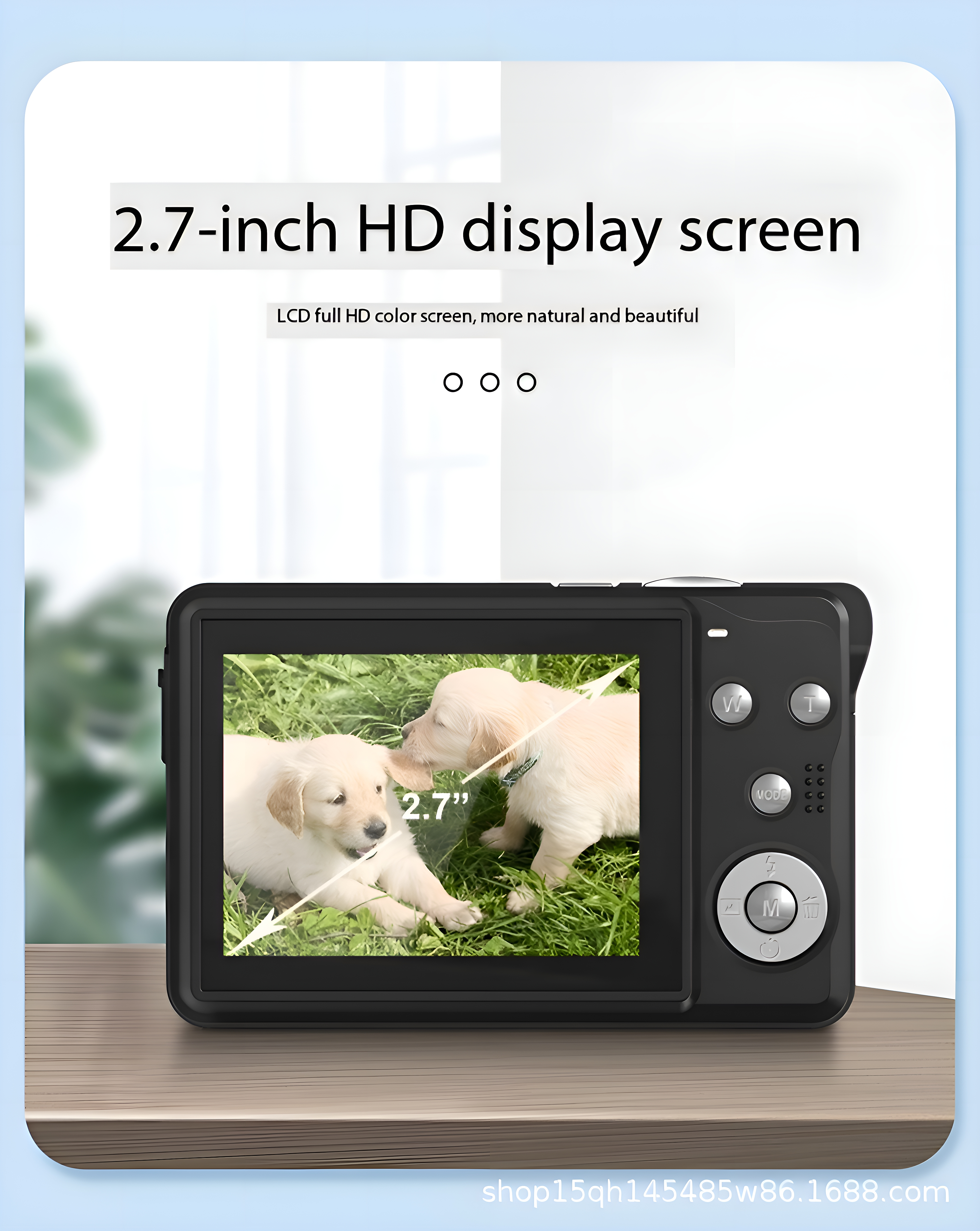 Eine schwarze Kamera mit Bildschirm, der Welpen zeigt. Text oben lautet: '2,7-Zoll HD-Display'.