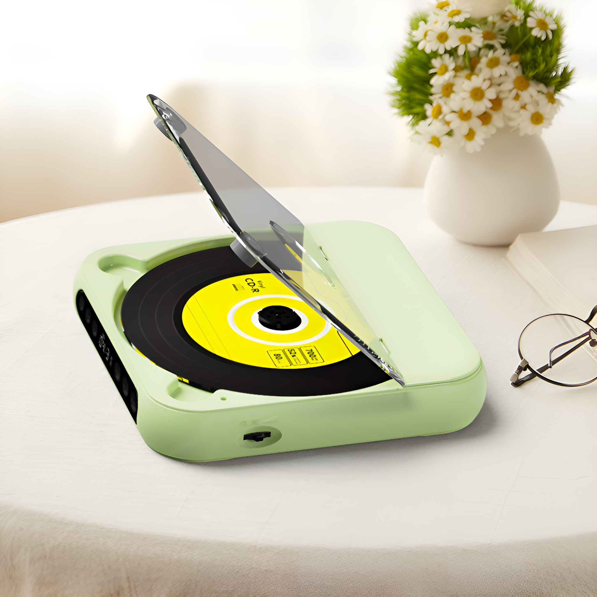 Grüner tragbarer CD-Player mit offenem Deckel, Gänseblümchen, Brille und ein Buch auf einem weißen Tisch.