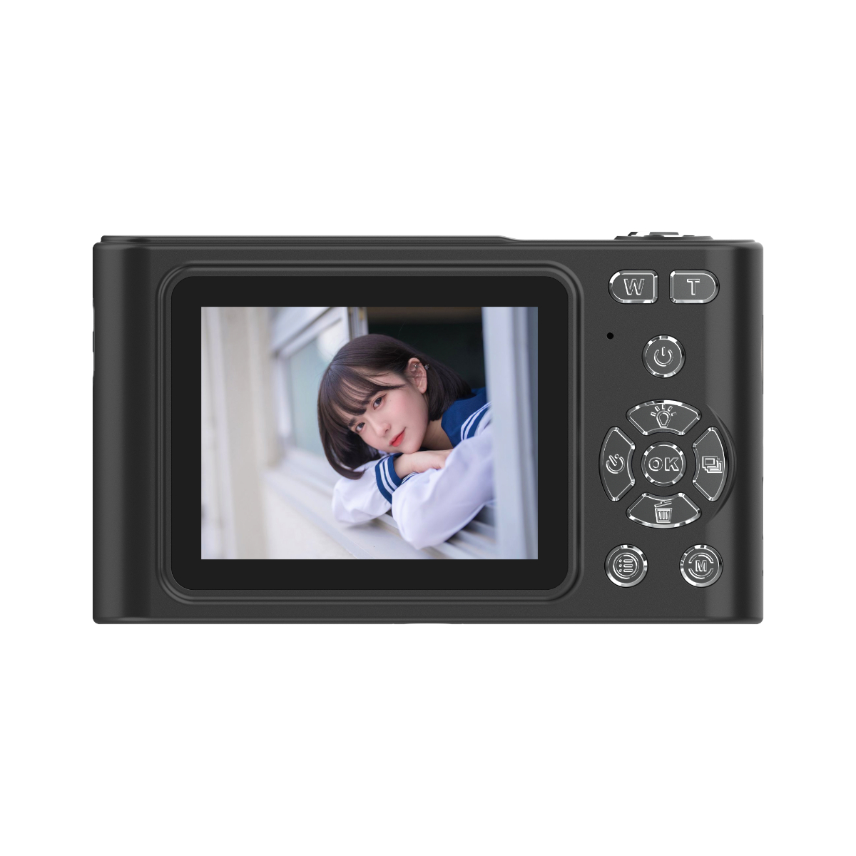 Eine schwarze Digitalkamera mit einem Bildschirm, der eine Frau am Fenster zeigt.