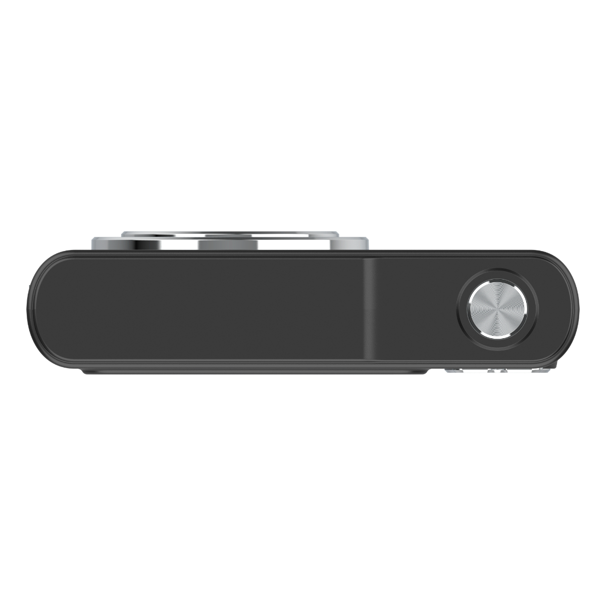 Schwarze Kompaktkamera, Draufsicht, mit silbernem Rad und Knopf, schwarzer Hintergrund.