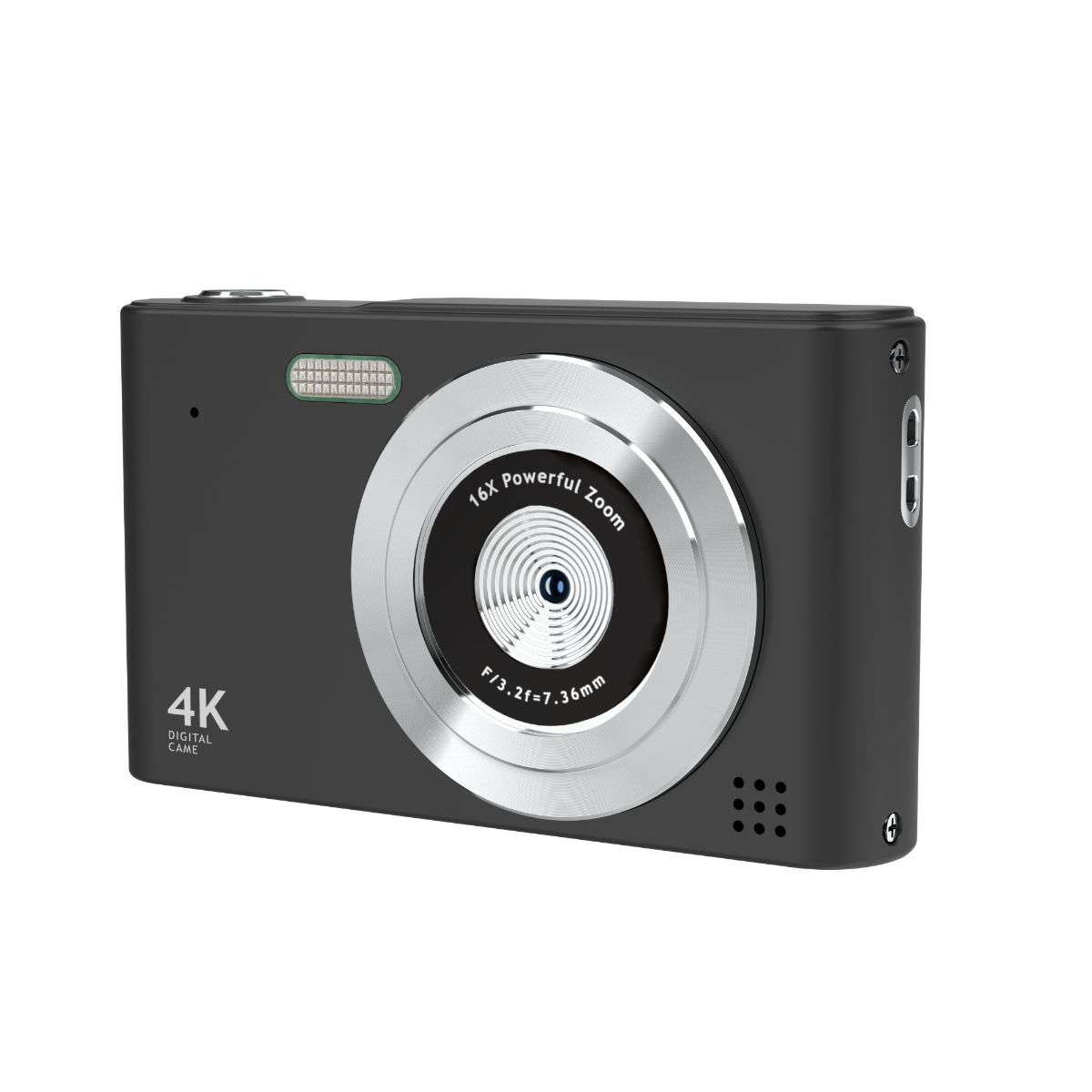 Schwarze Digitalkamera. Das Objektiv ist silberfarben. Auf dem Bildschirm steht '4K Digital Camera'.