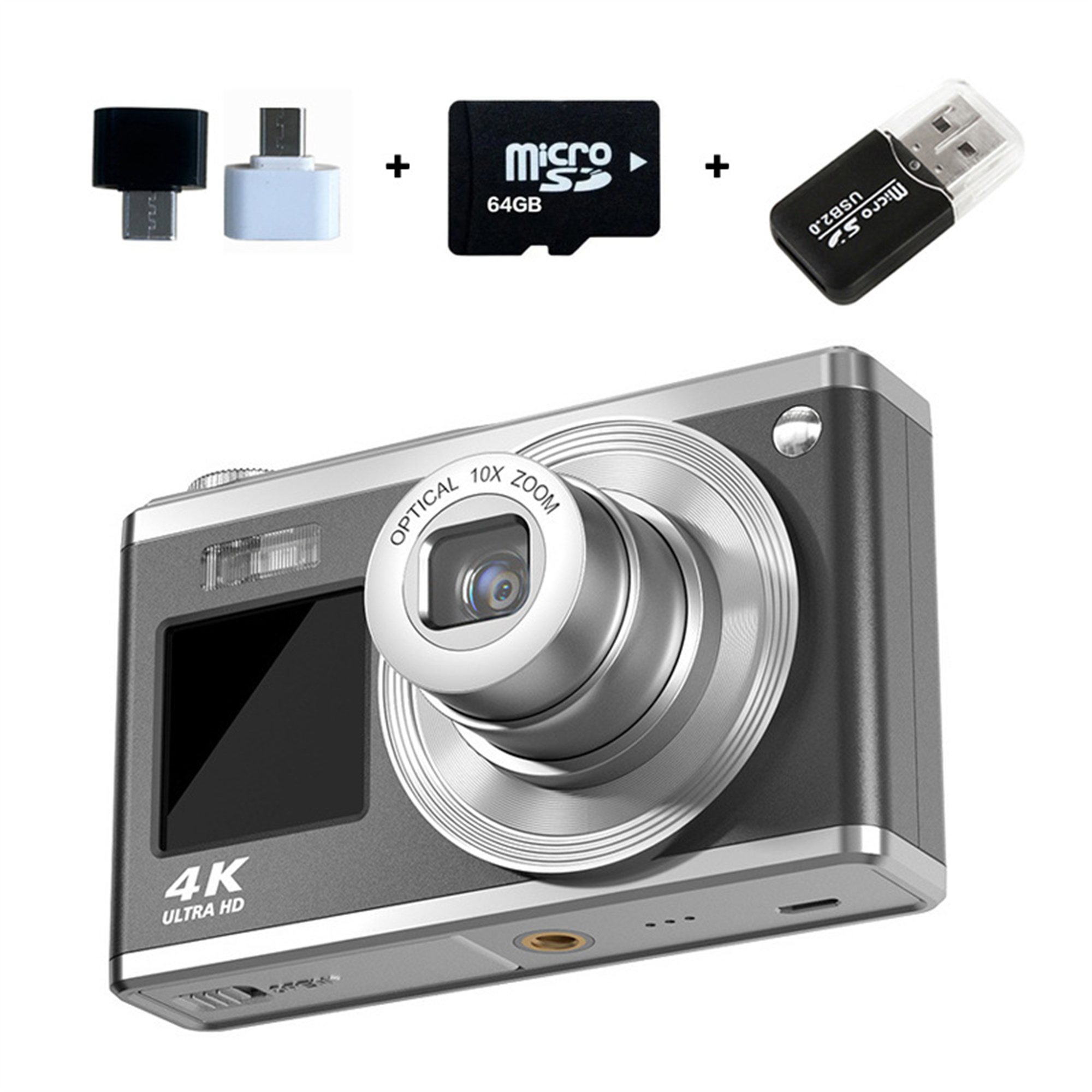 Digitalkamera mit Zubehör wie Adaptern und Speicherkarte, auf weißem Hintergrund.
