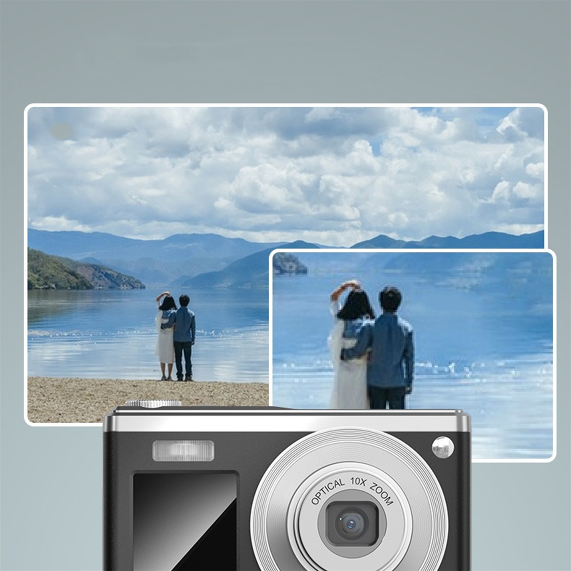 Eine Kamera mit einem See und Bergen im Hintergrund. Zwei Personen umarmen sich im Hintergrund.