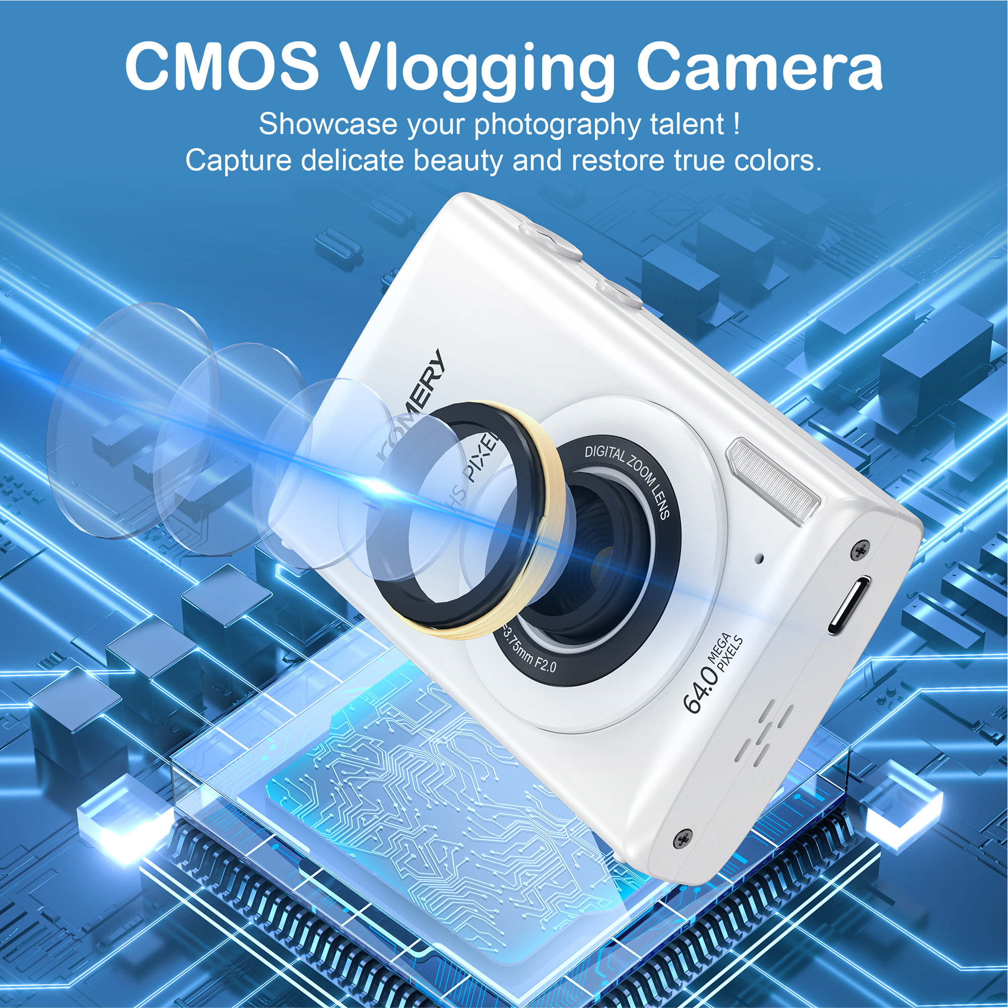Weiße Kamera, Text: CMOS Vlogging Kamera und erfasse echte Farben.