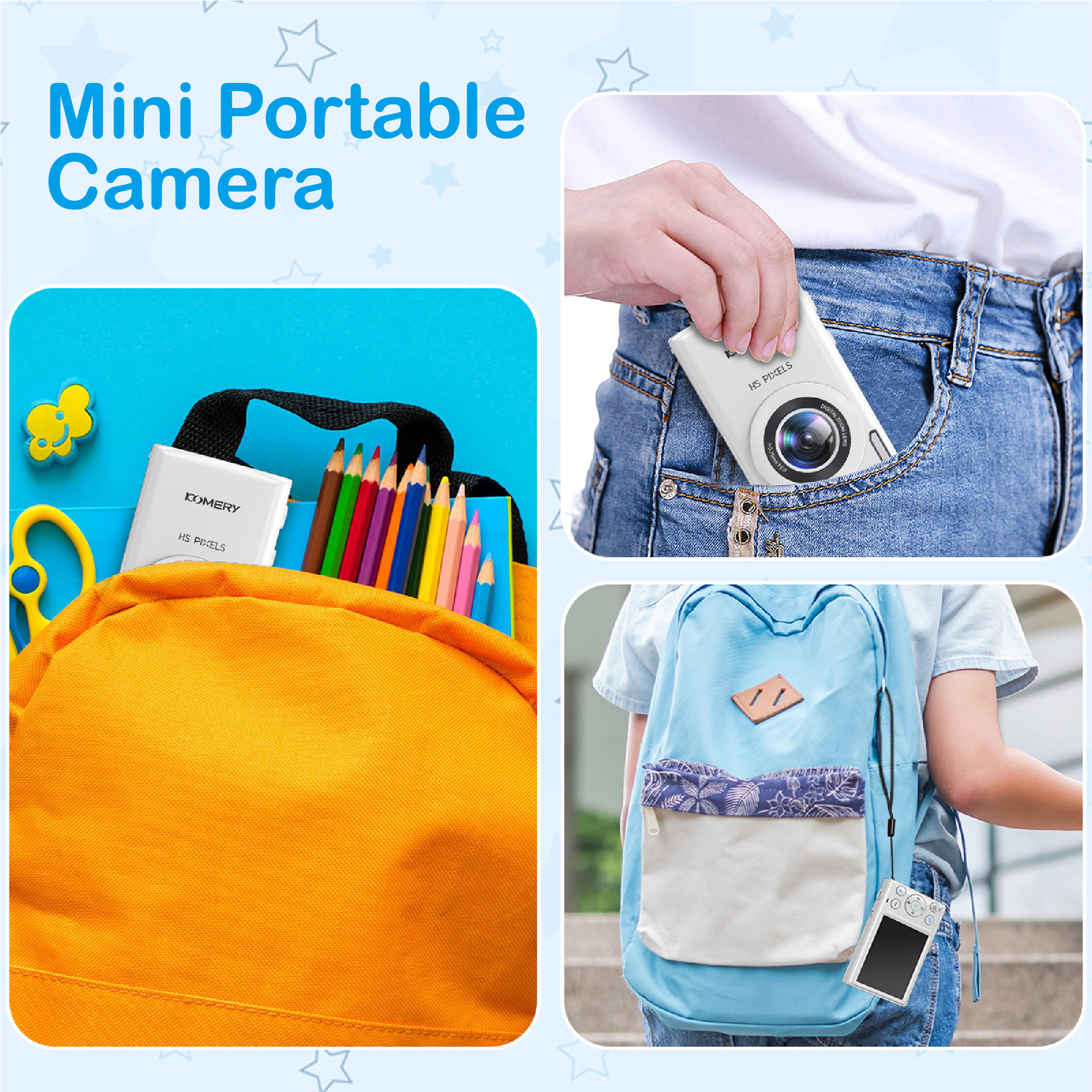 Bilder einer Mini-Kamera, einige mit Rucksack und Schulmaterial.