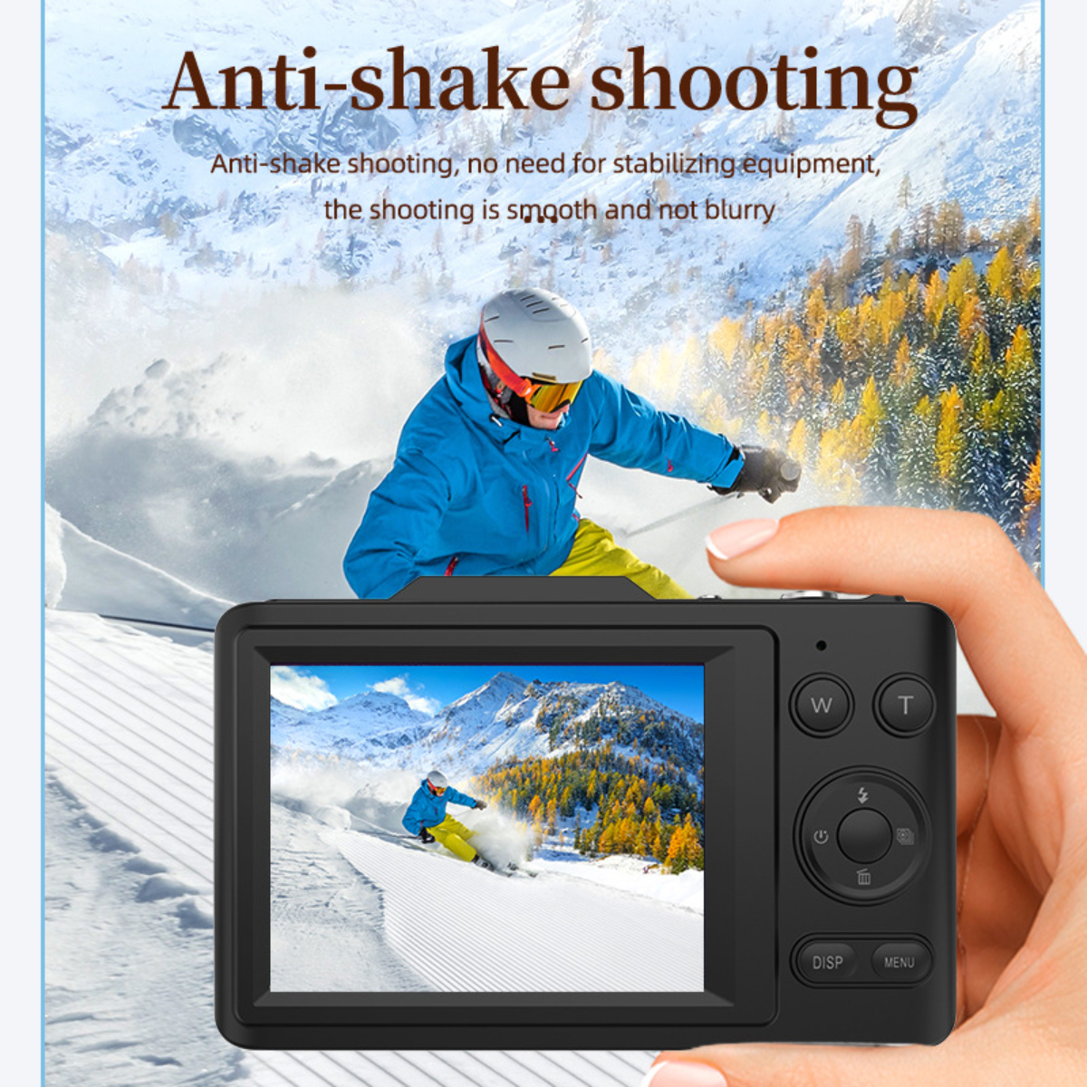 Eine Person beim Skifahren, mit einer Kamera in der Hand, auf einem Bildschirm gezeigt.