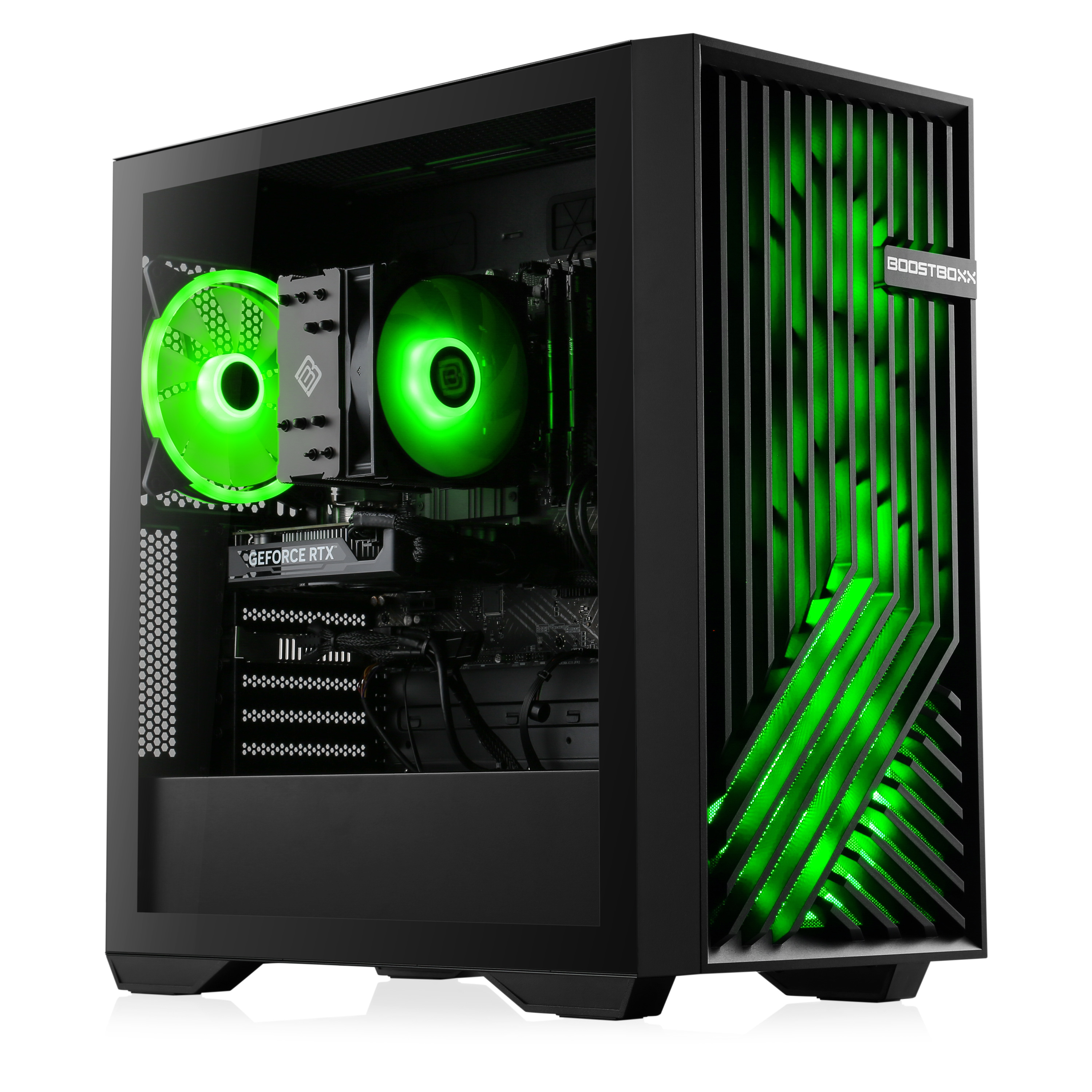 Schwarzes Computergehäuse mit grüner Innenbeleuchtung und Glas-Seitenwand.