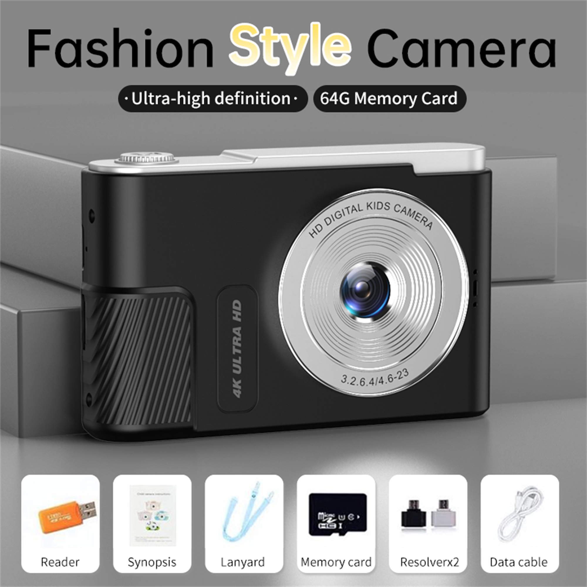 Schwarze Digitalkamera mit Zubehör. Text: Fashion Style Camera, 4K Ultra HD.