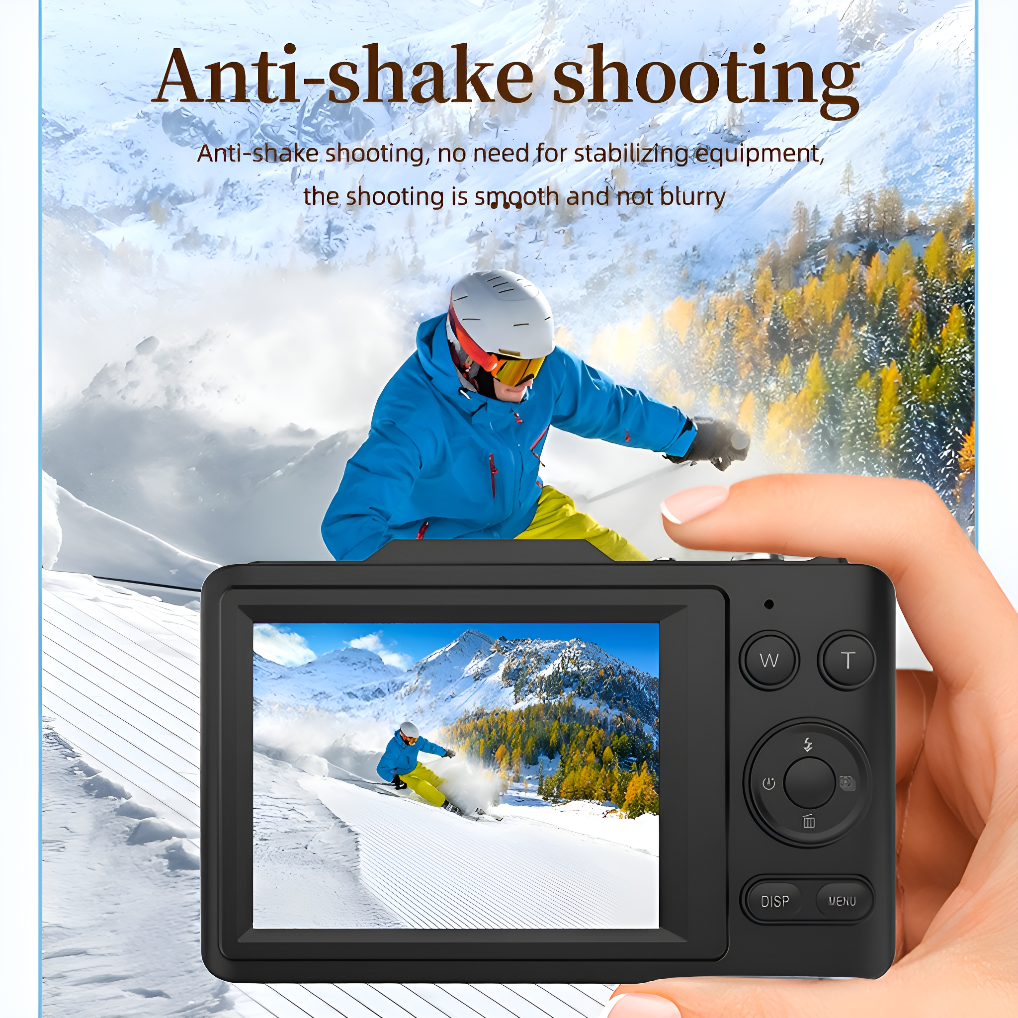 Eine schwarze Digitalkamera, die einen Skifahrer auf dem Bildschirm zeigt, mit Text über Anti-Shake.