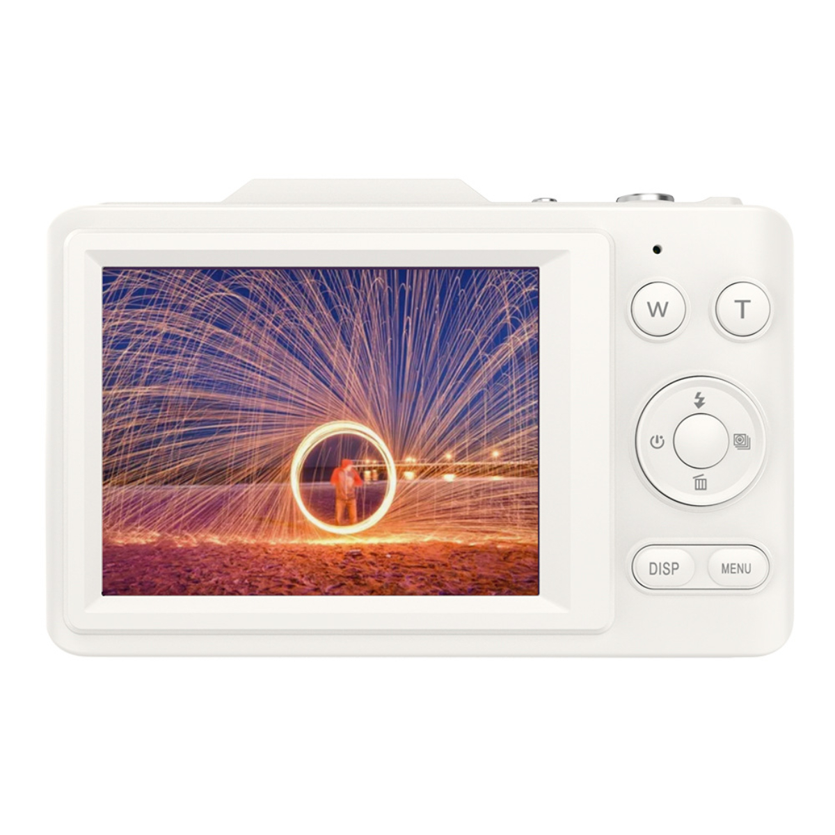 Eine weiße Digitalkamera mit einem Bildschirm, der eine Lichtshow zeigt.
