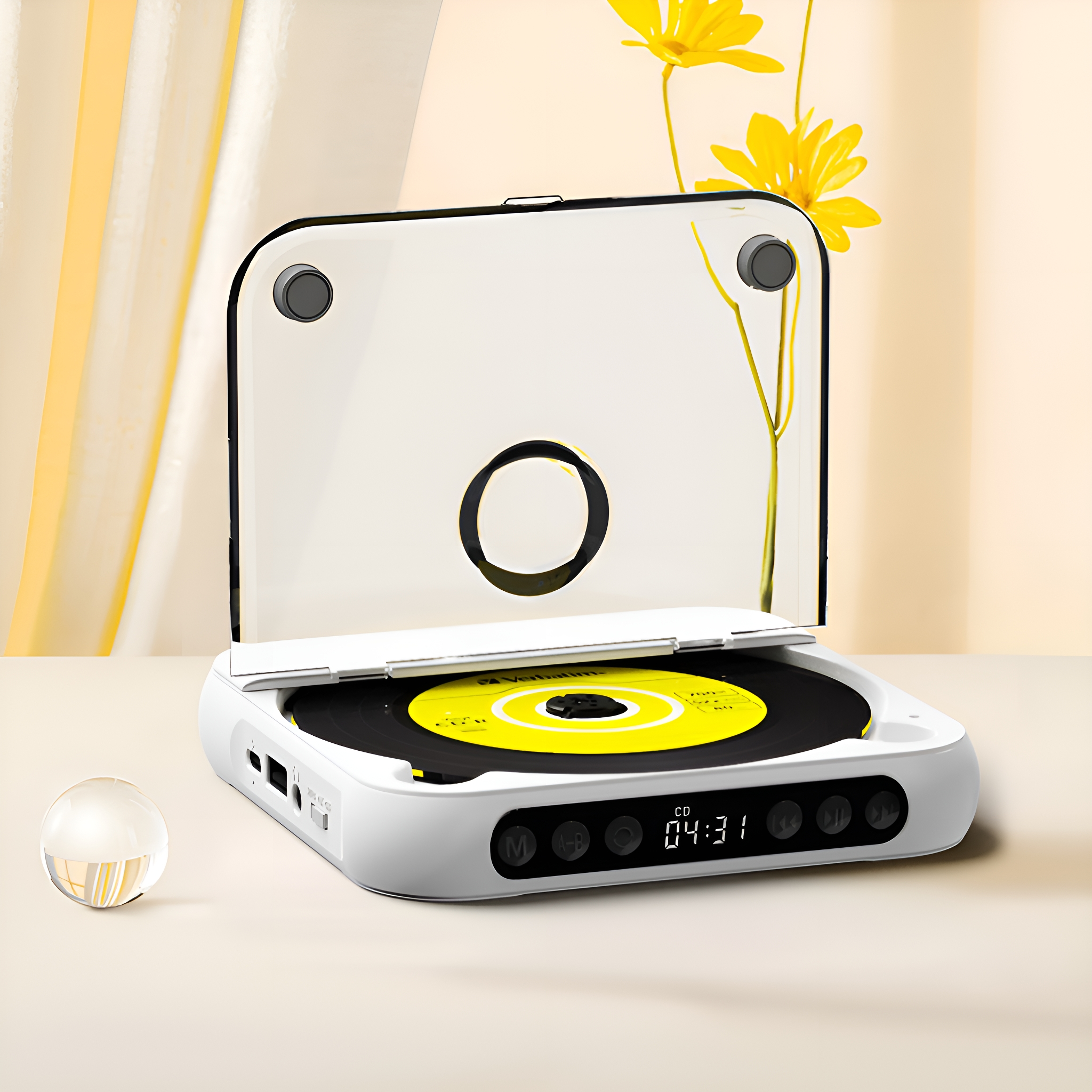 Weißer CD-Player mit gelber CD, offen. Gelbe Blumen im Hintergrund, Glaskugel.