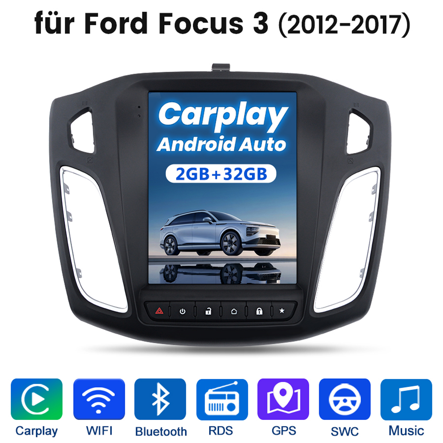 Autoradiosystem mit Bildschirm. Text: 'Carplay Android Auto'. Ford Focus 3-Bild.