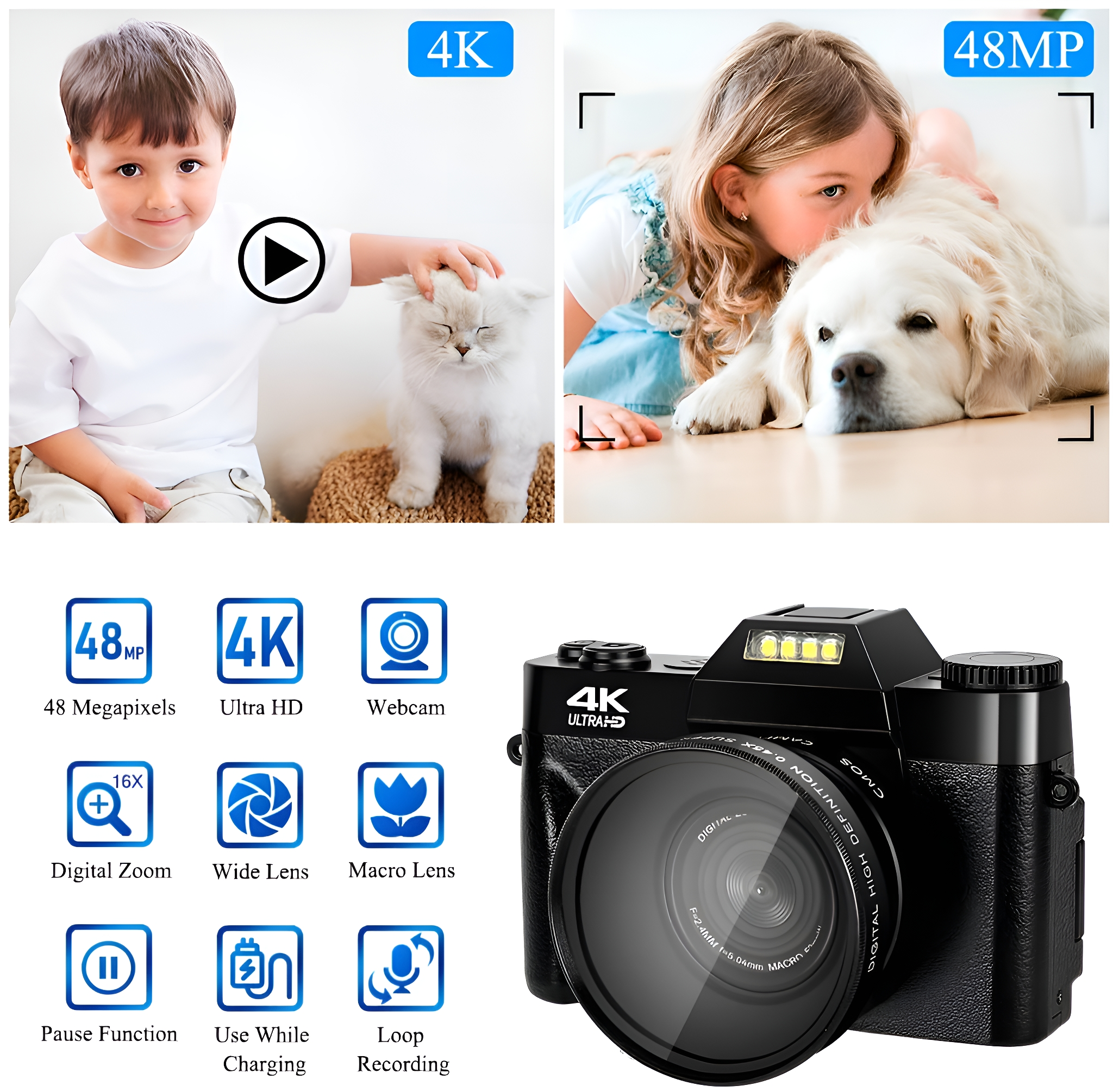 Ein Junge mit Katze, ein Mädchen mit Hund und eine Kamera mit Symbolen wie 4K und 48MP.
