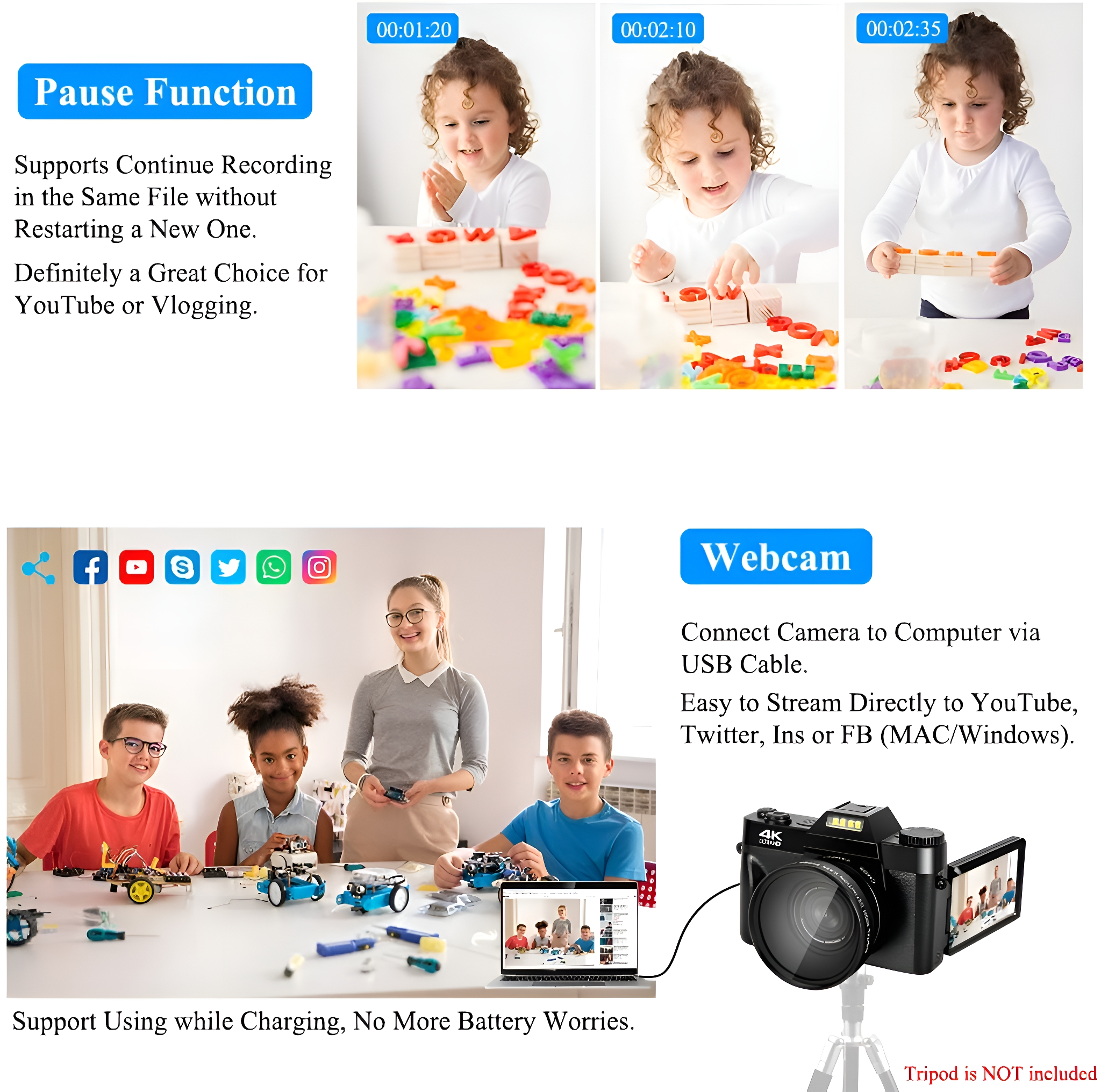Eine Bildmontage. Kinder spielen mit Spielzeug, eine Gruppe Kinder und ein Kamera-Setup.