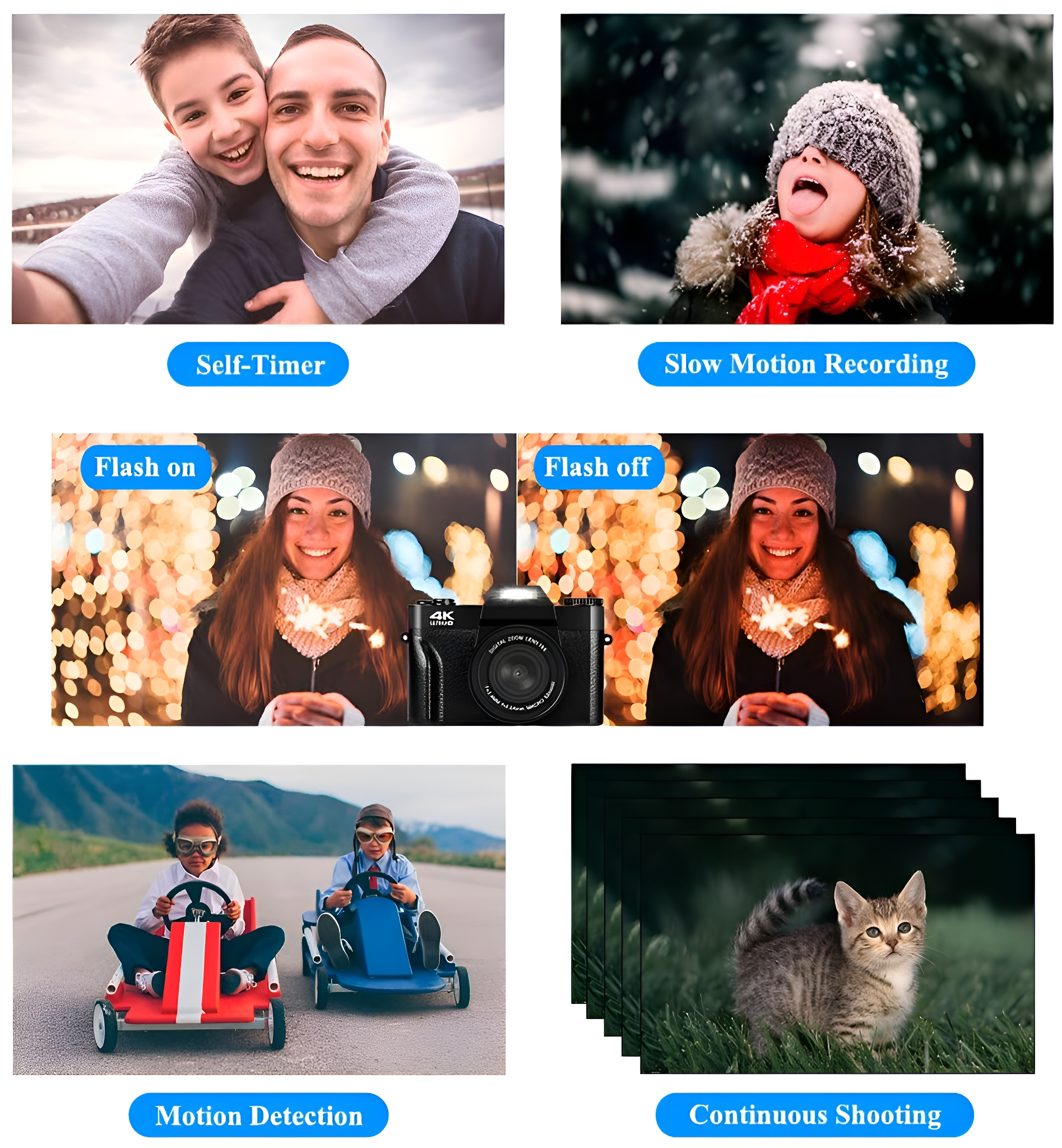 Sechs Bilder, die verschiedene Kamerafunktionen zeigen: Selfies, Zeitlupe, Blitz und Serienaufnahme.