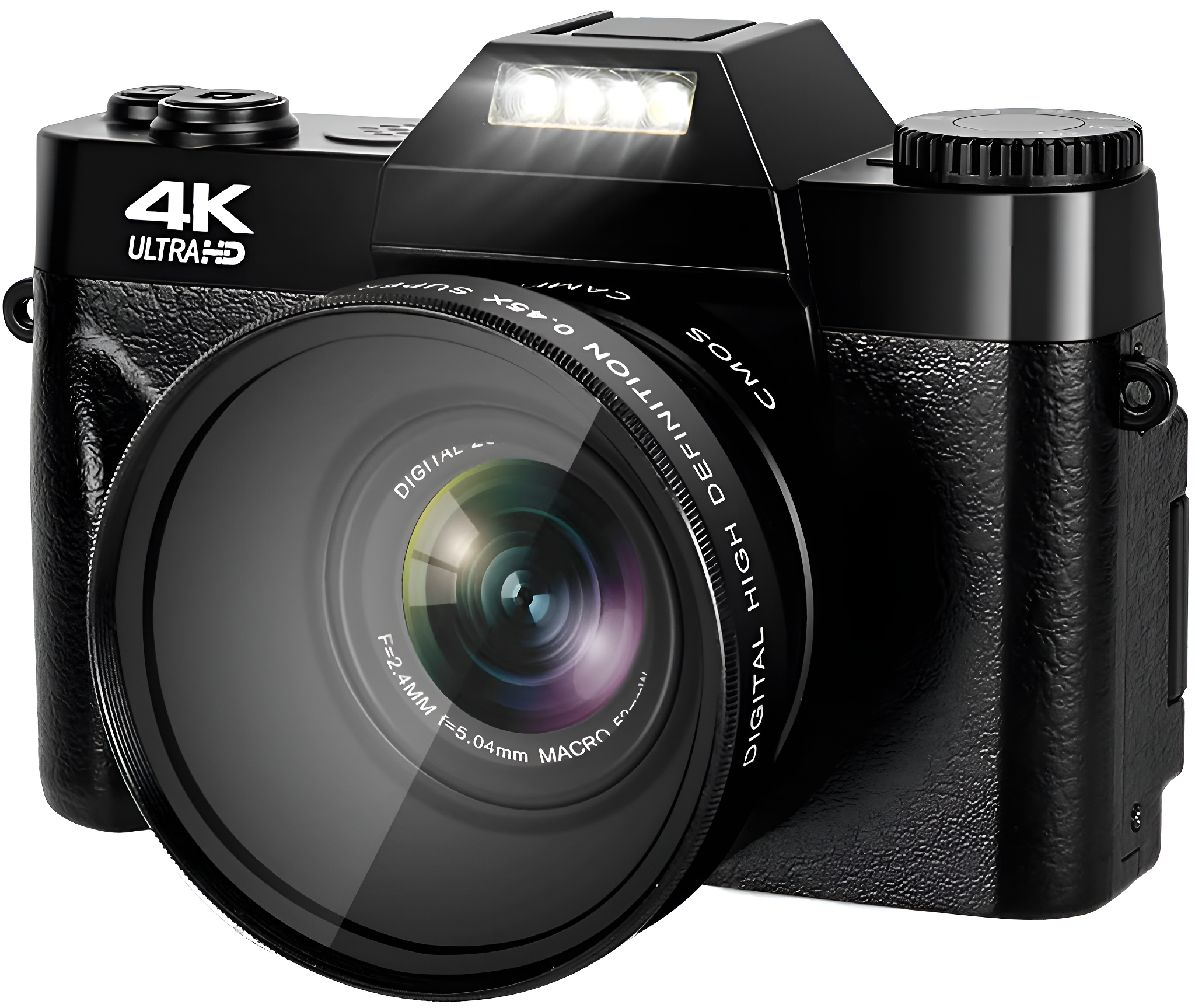 Eine schwarze Kamera mit großem Objektiv, Blitz und dem Schriftzug "4K ULTRA HD".