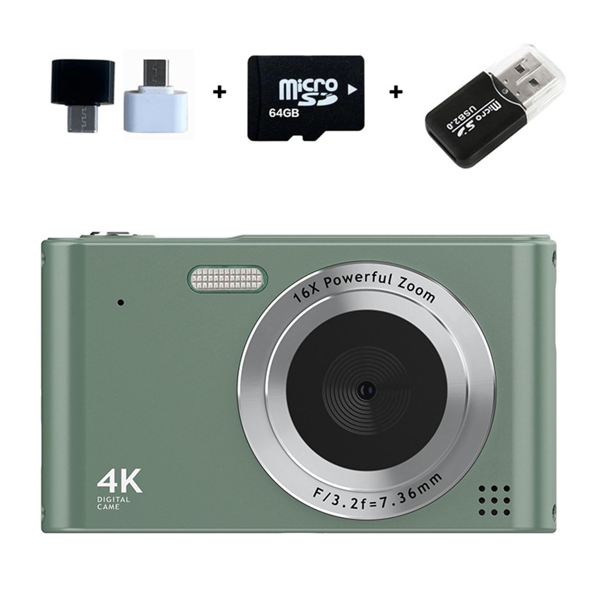 Grüne Digitalkamera mit Zubehör wie Adaptern und SD-Karte.