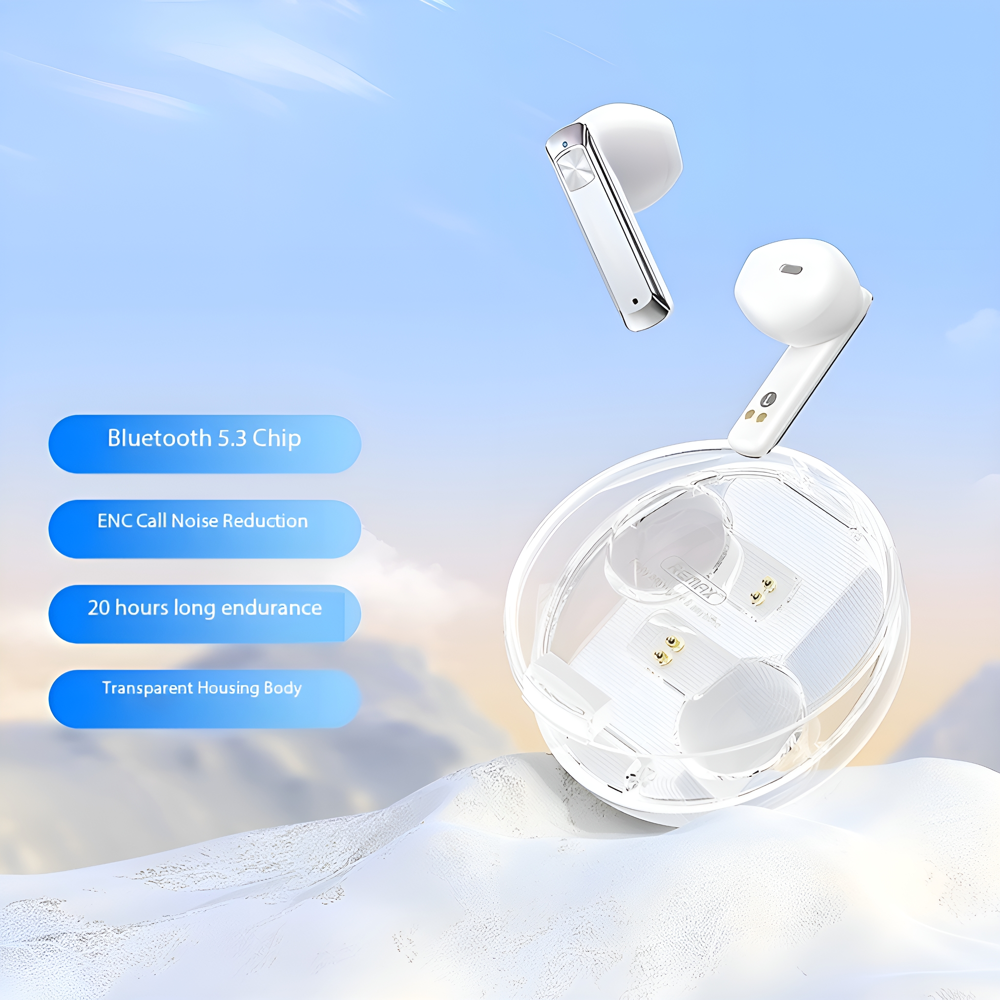 Kabellose, weiße Ohrhörer mit Ladecase. Text-Overlays: Bluetooth 5.3, ENC, 20 Stunden Ausdauer, transparent.