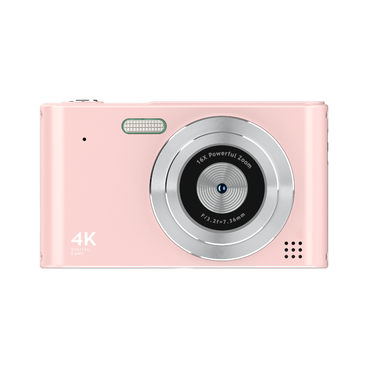 Eine pinkfarbene Digitalkamera mit einem silbernen Objektiv und 16x Zoom. Sie hat eine 4k Digitalkamera.