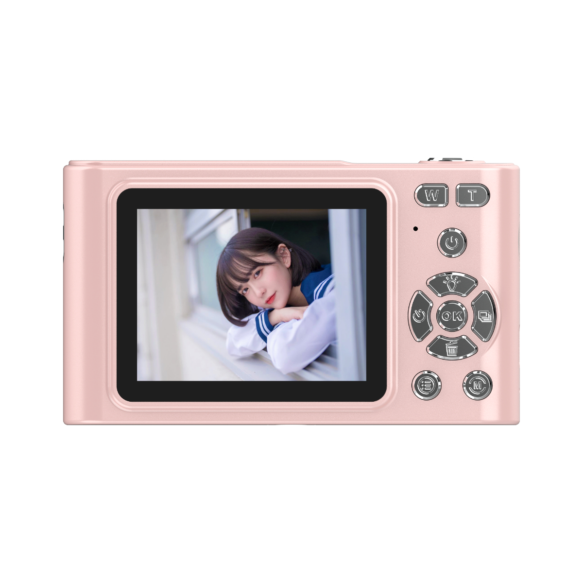 Eine rosa Digitalkamera. Eine Frau schaut auf dem Bildschirm aus dem Fenster.