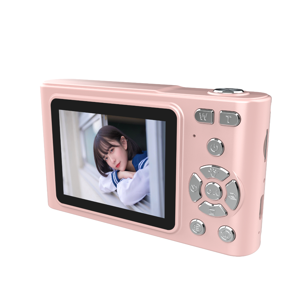 Rosa Digitalkamera mit einem Bildschirm, der ein Mädchen am Fenster zeigt. Silberne Knöpfe.