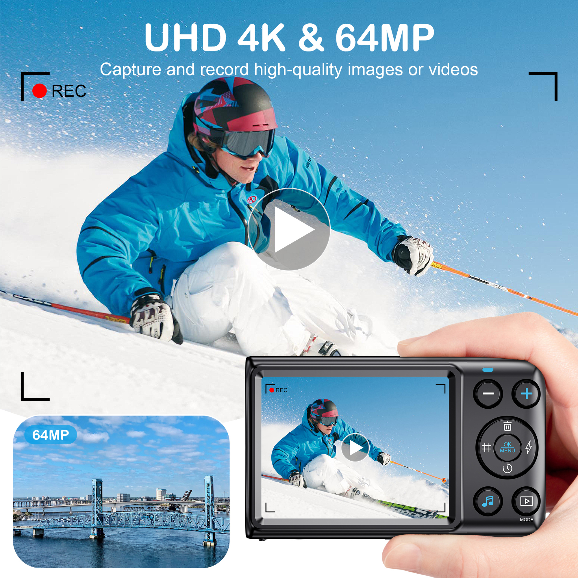 Eine Person hält eine Digitalkamera mit Live-Ansicht eines Skifahrers auf einem schneebedeckten Berg.